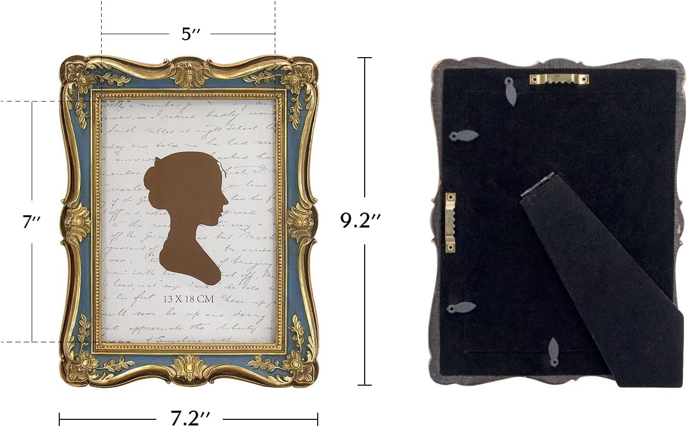 AELS 5x7 Inch Vintage Picture Frame, Elegant Antique Photo Frames with Glass Front, Photo Display, Tabletop Wall Hanging, Gift Ideas, Gold and Green