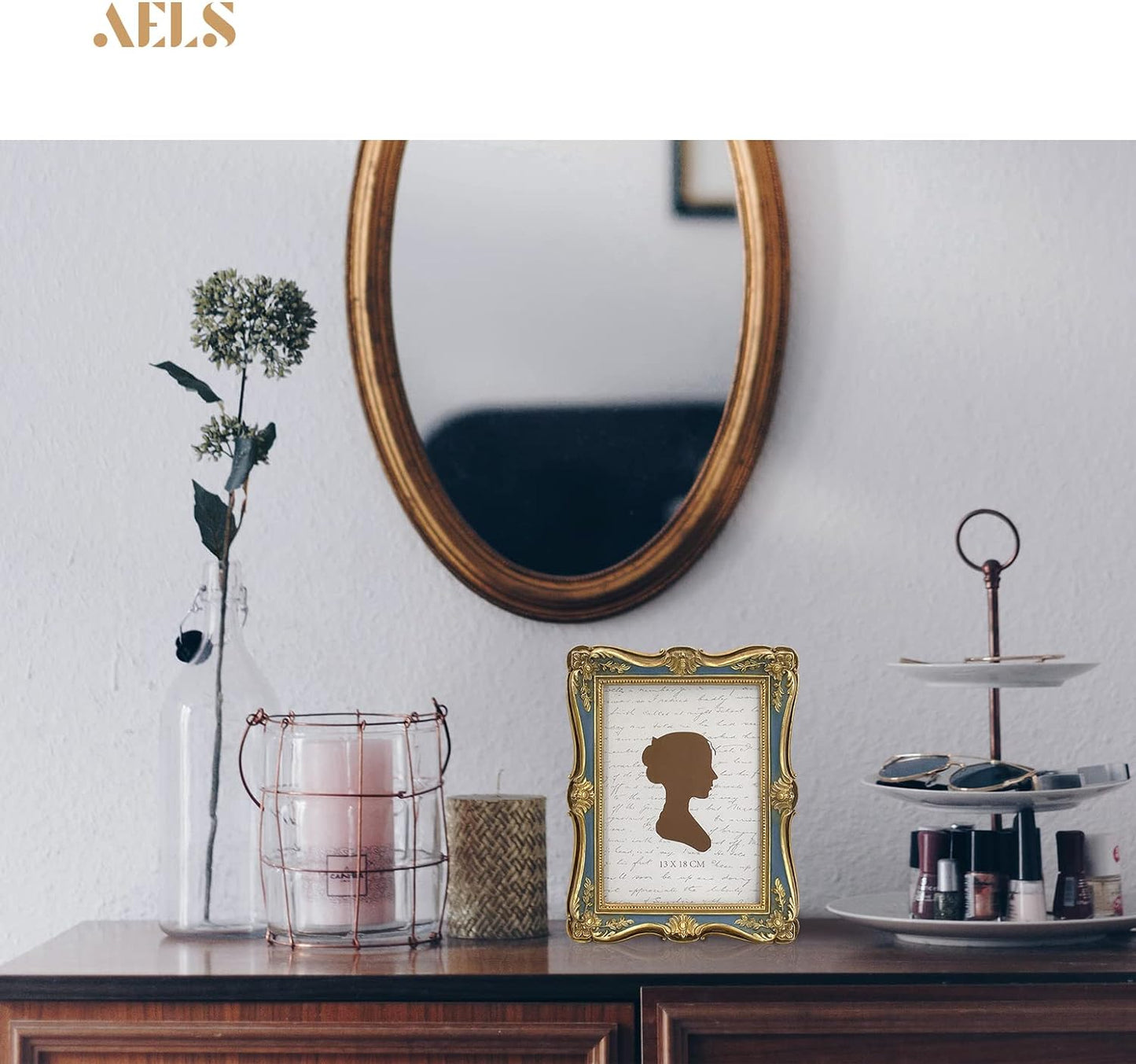 AELS 5x7 Inch Vintage Picture Frame, Elegant Antique Photo Frames with Glass Front, Photo Display, Tabletop Wall Hanging, Gift Ideas, Gold and Green