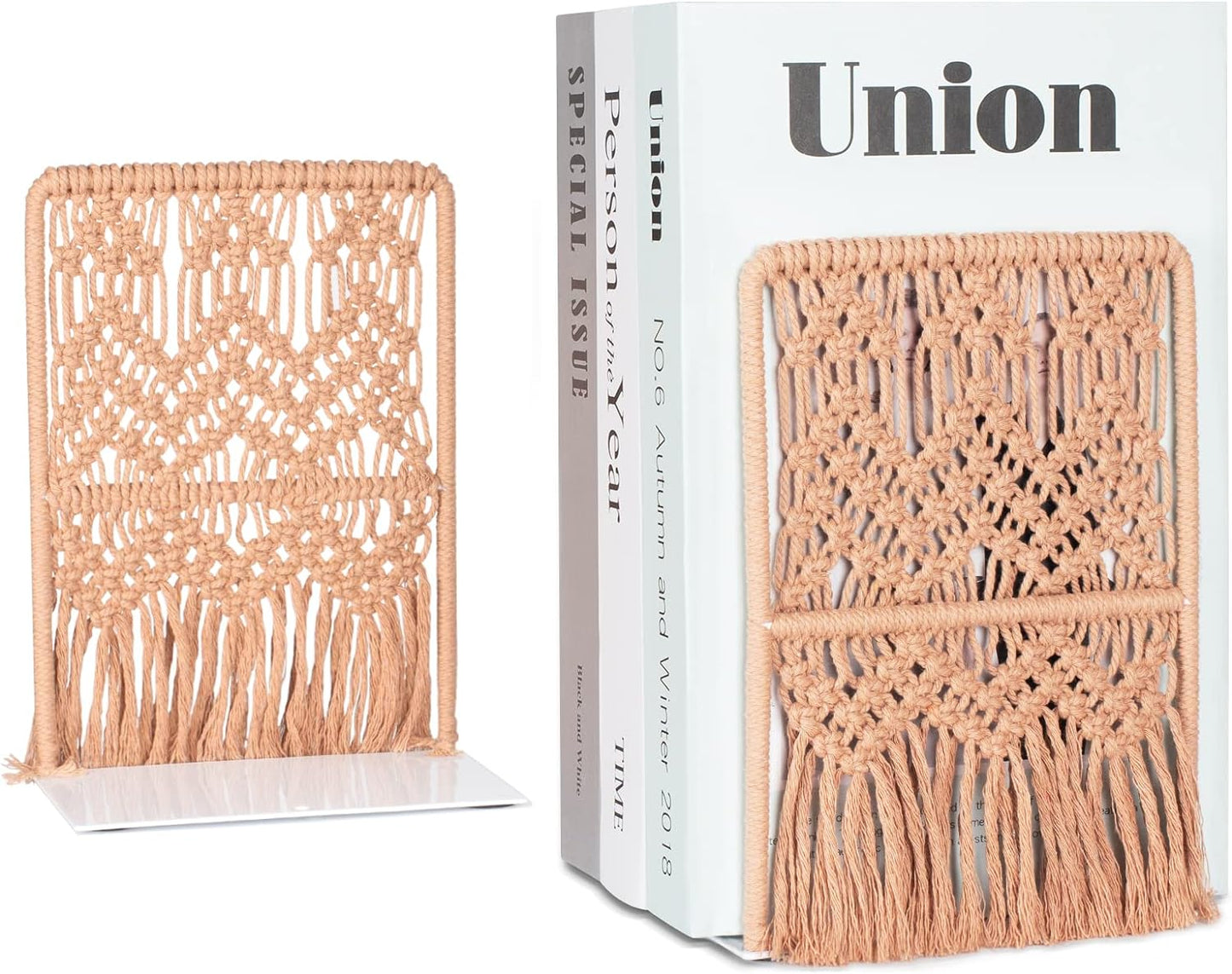AELS Boho Macrame Bookends, Heavy Duty Metal Book Ends, Decorative Unique Bookend Supports for Shelves, Stopper for Books/Movies/CD, Farmhouse Decoration,Thanksgiving for Friends