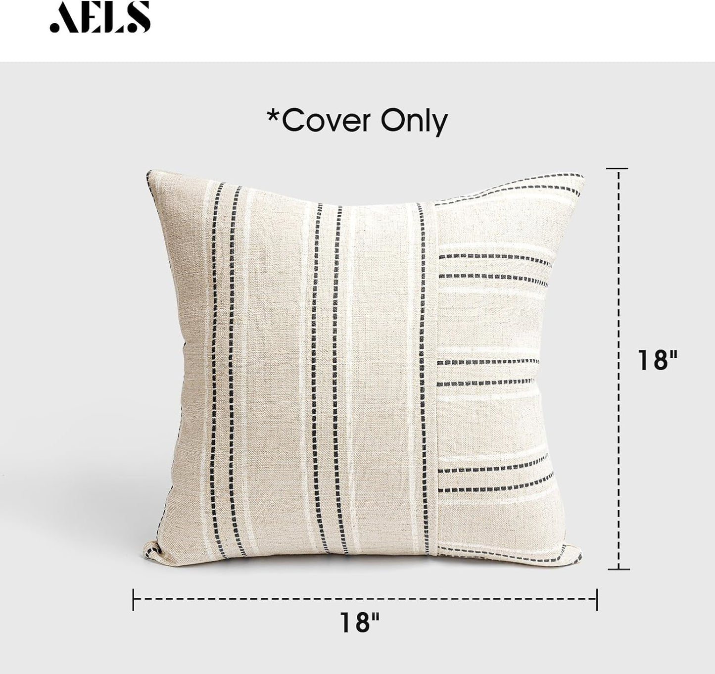 AELS 12x20 Decorative Farmhouse Linen Throw Pillow Covers, Boho Rectangle Lumbar Pillow Case, Set of 2, Beige with Navy Blue Stripe Patchwork Cushion Cover for Sofa Couch Living Room (Cover ONLY)