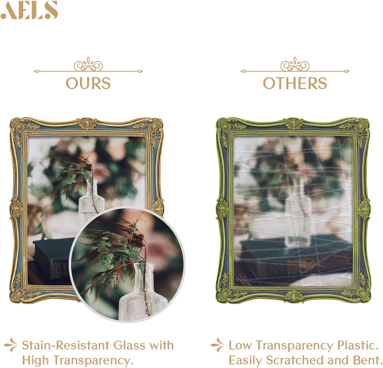 AELS 5x7 Inch Vintage Picture Frame, Elegant Antique Photo Frames with Glass Front, Photo Display, Tabletop Wall Hanging, Gift Ideas, Gold and Green