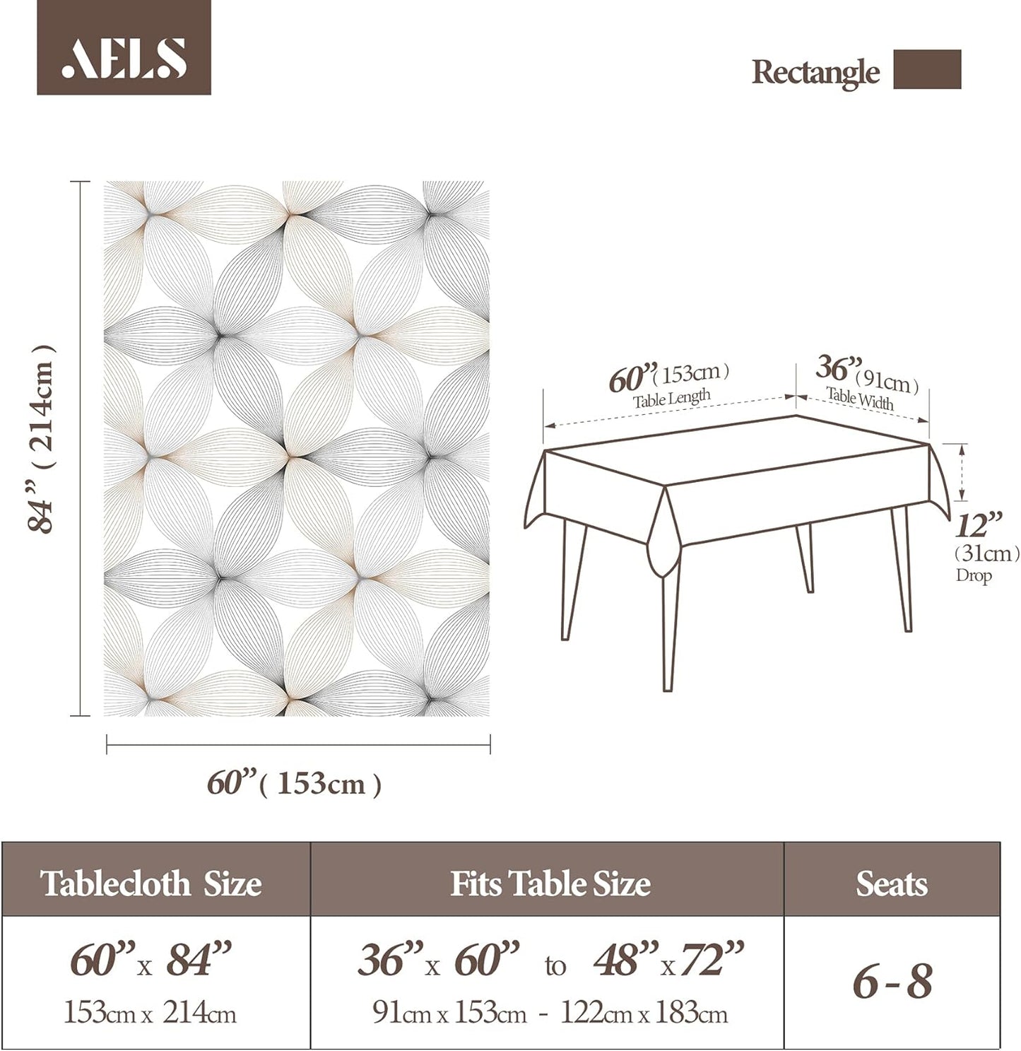 AELS Vinyl Coated Fabric 60x84 inch Tablecloth, Waterproof Oil-Proof Stain Resistant Washable Printed Indoor Table Cover, Decorative Rectangle Table Cloths for Dining Room, Party, Flower