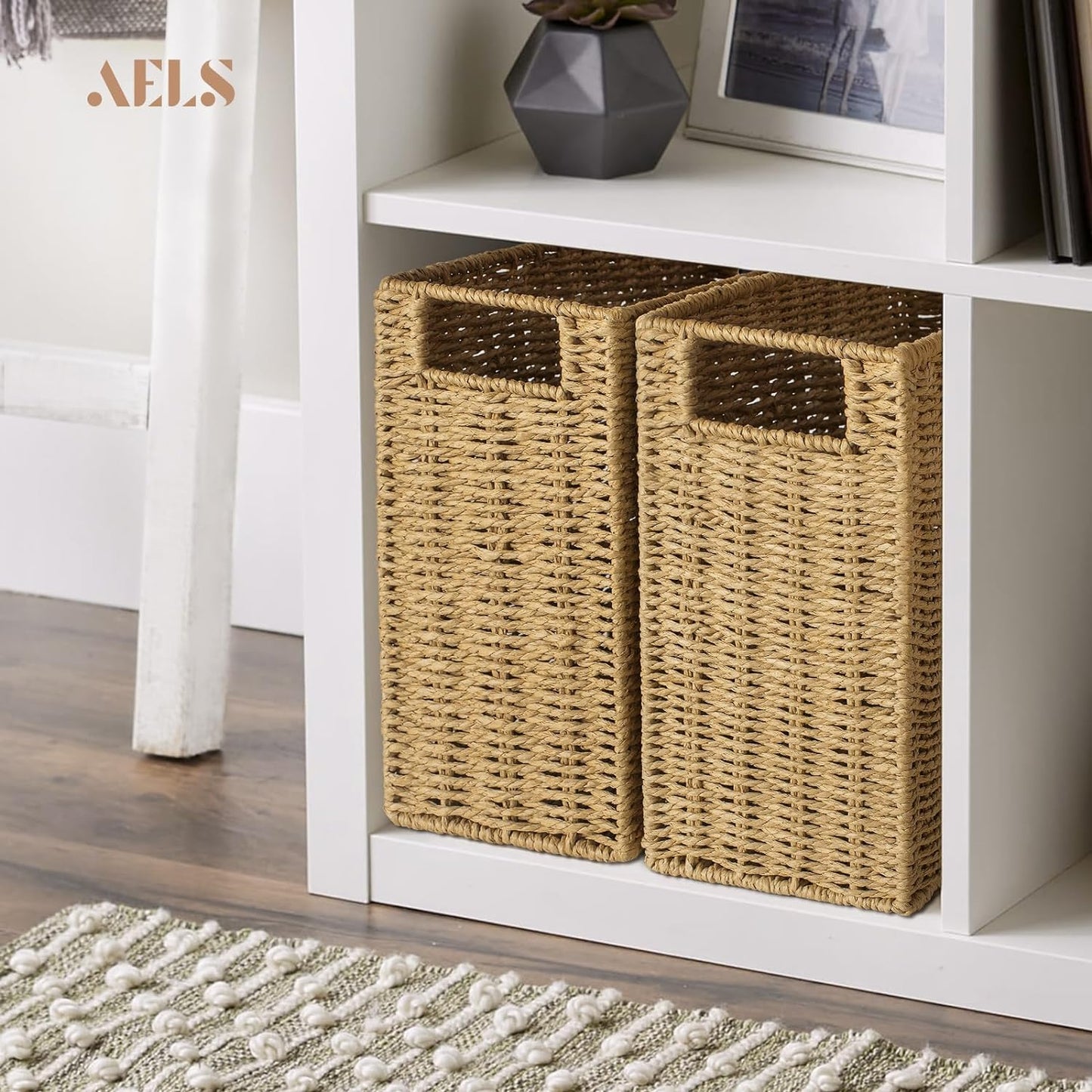 AELS Woven Natural Fibre Magazine Holder, Magazine Rack Floor, Hand-woven Magazine Organizer, Natural Paper Rope Magazine Basket with Handles, Boho Modern Farmhouse Book Basket, Newspaper Holder