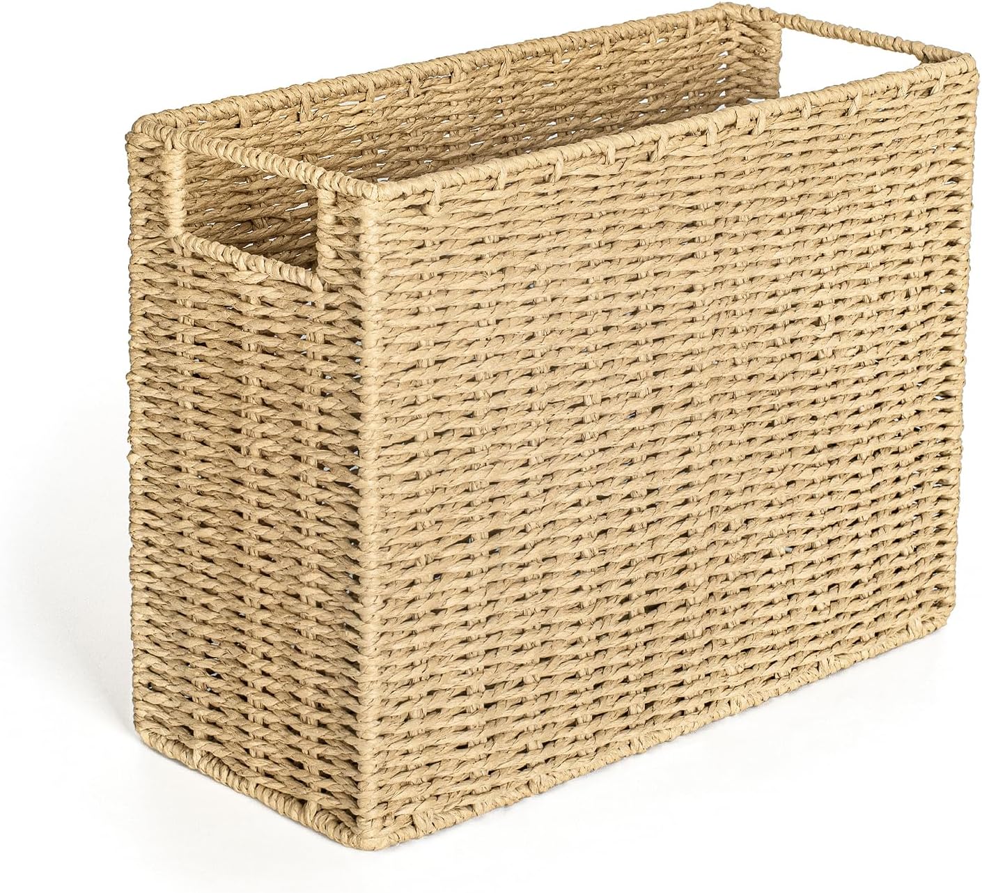 AELS Woven Natural Fibre Magazine Holder, Magazine Rack Floor, Hand-woven Magazine Organizer, Natural Paper Rope Magazine Basket with Handles, Boho Modern Farmhouse Book Basket, Newspaper Holder