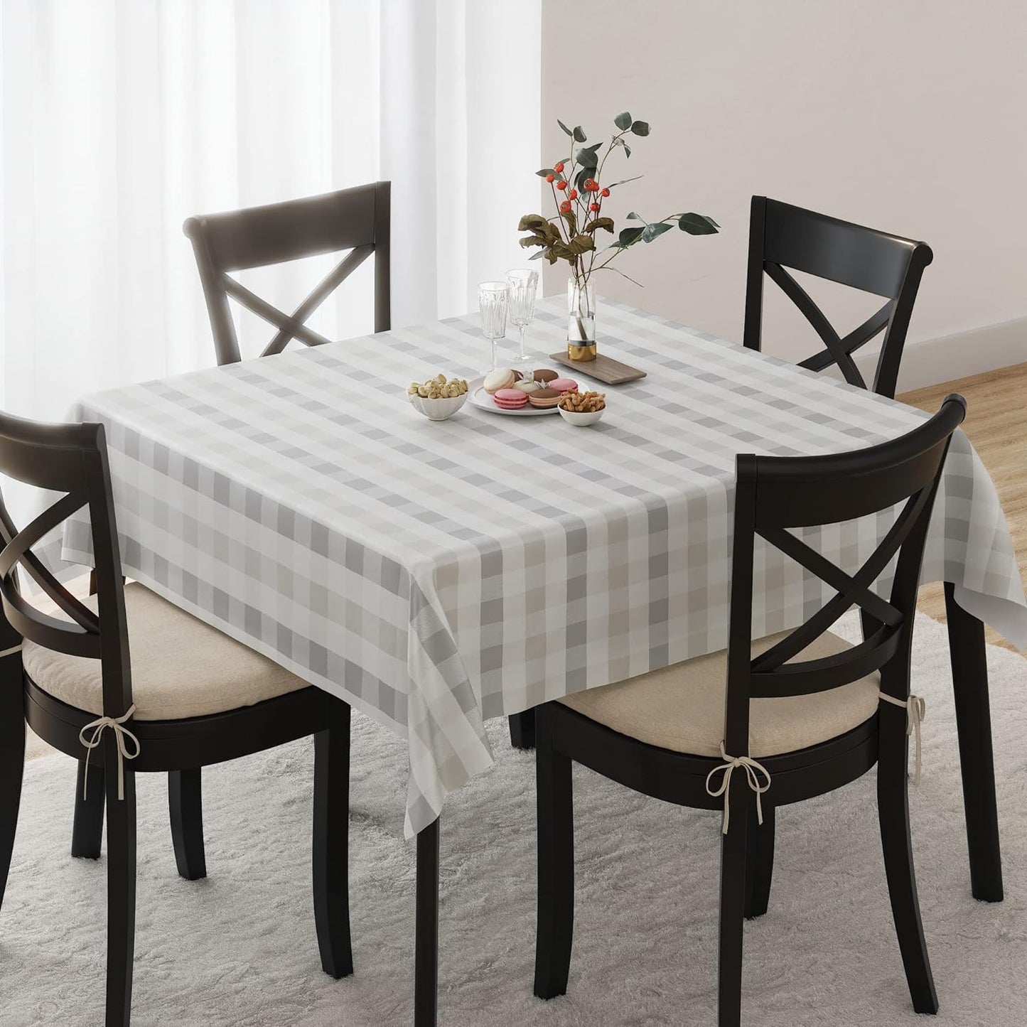 AELS 60"Round Tablecloth, Vinyl Coated Fabric Waterproof Oil-Proof Stain Resistant Washable Printed Indoor Table Cover, Decorative Table Cloths for Dining Tables, Kitchen and Parties, Light Brown Grid