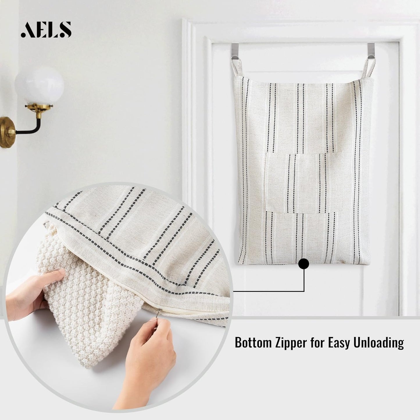 AELS Farmhouse Hanging Laundry Hamper with 2 Hooks, Boho Beige & Black Stripes Linen Laundry Bag with Zipper & Wide Open Top, Over the Door Organizer for Dirty Clothes, Washable Space Saving Storage
