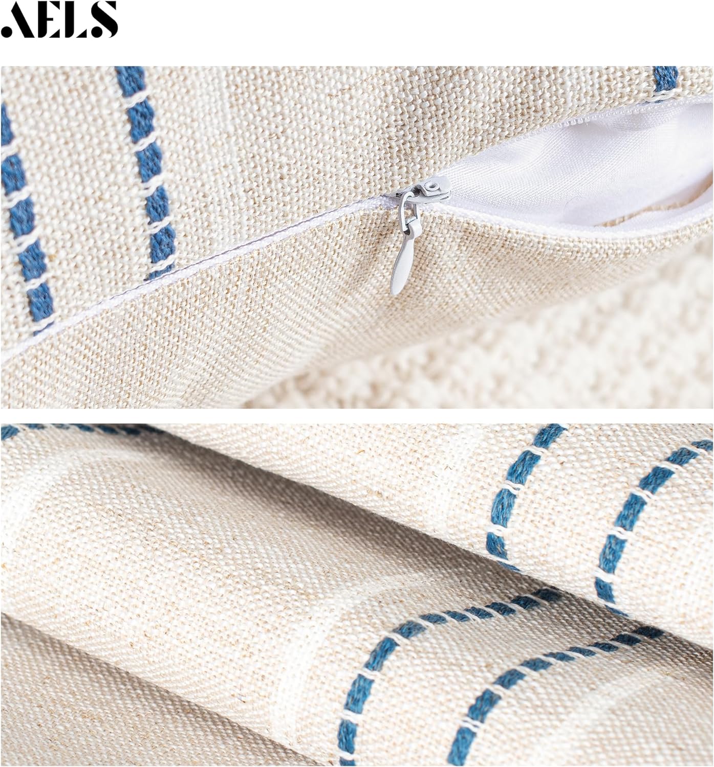 AELS 12x20 Decorative Farmhouse Linen Throw Pillow Covers, Boho Rectangle Lumbar Pillow Case, Set of 2, Beige with Navy Blue Stripe Patchwork Cushion Cover for Sofa Couch Living Room (Cover ONLY)