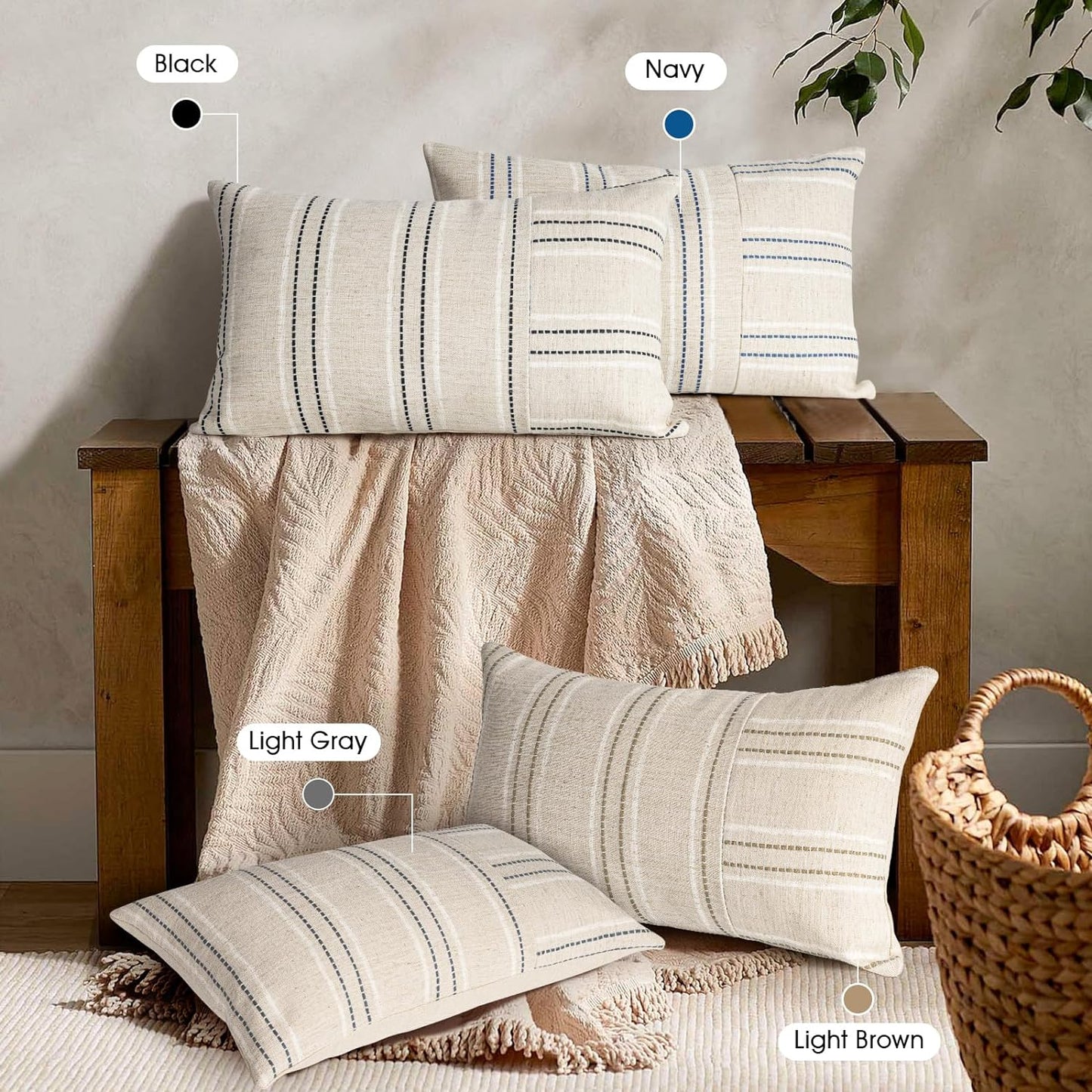 AELS 12x20 Decorative Farmhouse Linen Throw Pillow Covers, Boho Rectangle Lumbar Pillow Case, Set of 2, Beige with Navy Blue Stripe Patchwork Cushion Cover for Sofa Couch Living Room (Cover ONLY)