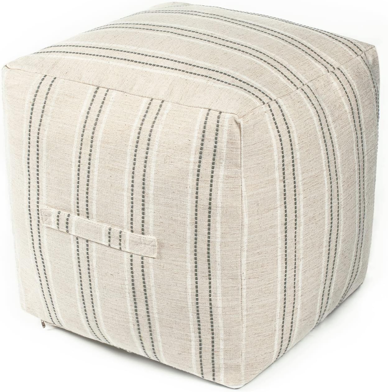 AELS Unstuffed Farmhouse Pouf Cover for Living Room, Boho Storage Bean Bag Cubes, Beige with Brown Stitch Yarn Dyed Stripe Linen Square Ottoman Pouf Foot Rest Footstool, 18"x18"x18", Cover ONLY