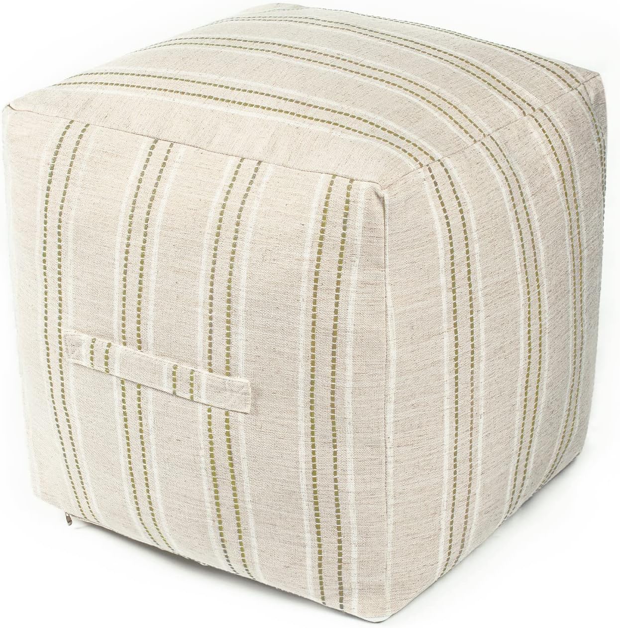 AELS Unstuffed Farmhouse Pouf Cover for Living Room, Boho Storage Bean Bag Cubes, Beige with Brown Stitch Yarn Dyed Stripe Linen Square Ottoman Pouf Foot Rest Footstool, 18"x18"x18", Cover ONLY