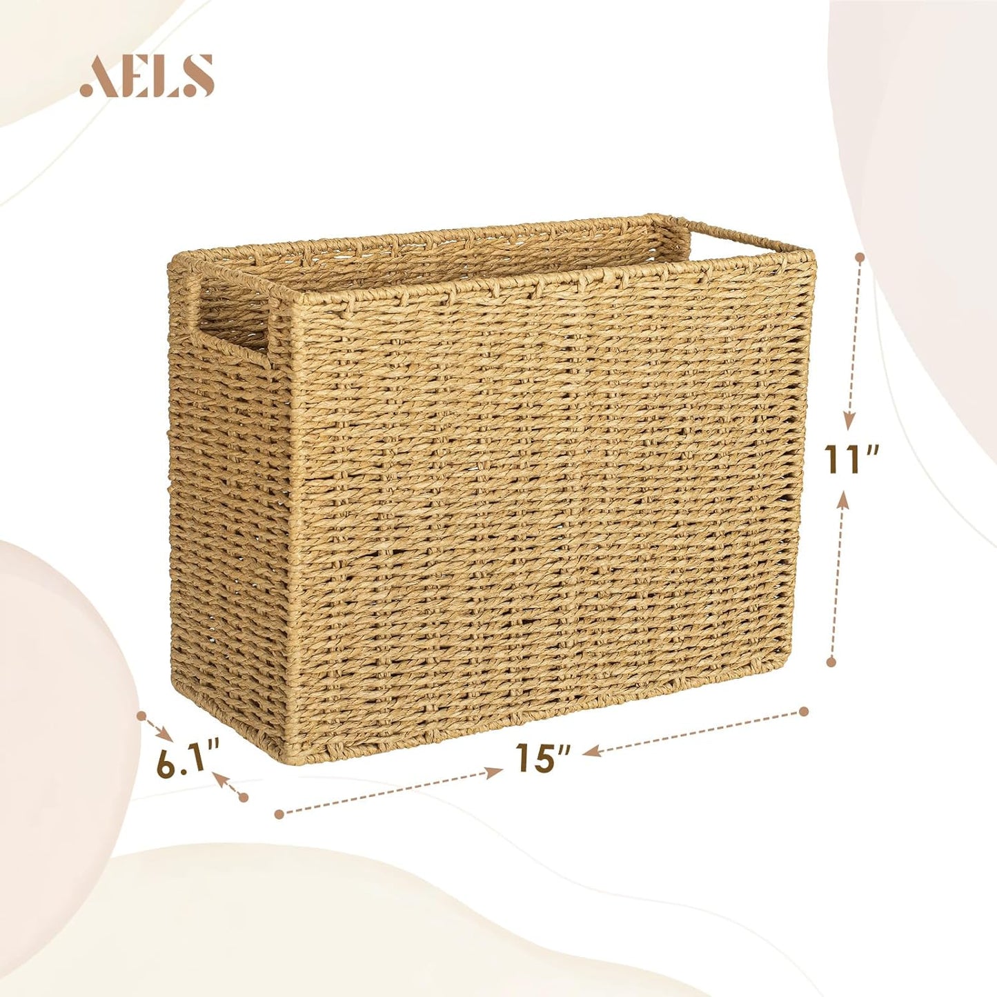 AELS Woven Natural Fibre Magazine Holder, Magazine Rack Floor, Hand-woven Magazine Organizer, Natural Paper Rope Magazine Basket with Handles, Boho Modern Farmhouse Book Basket, Newspaper Holder