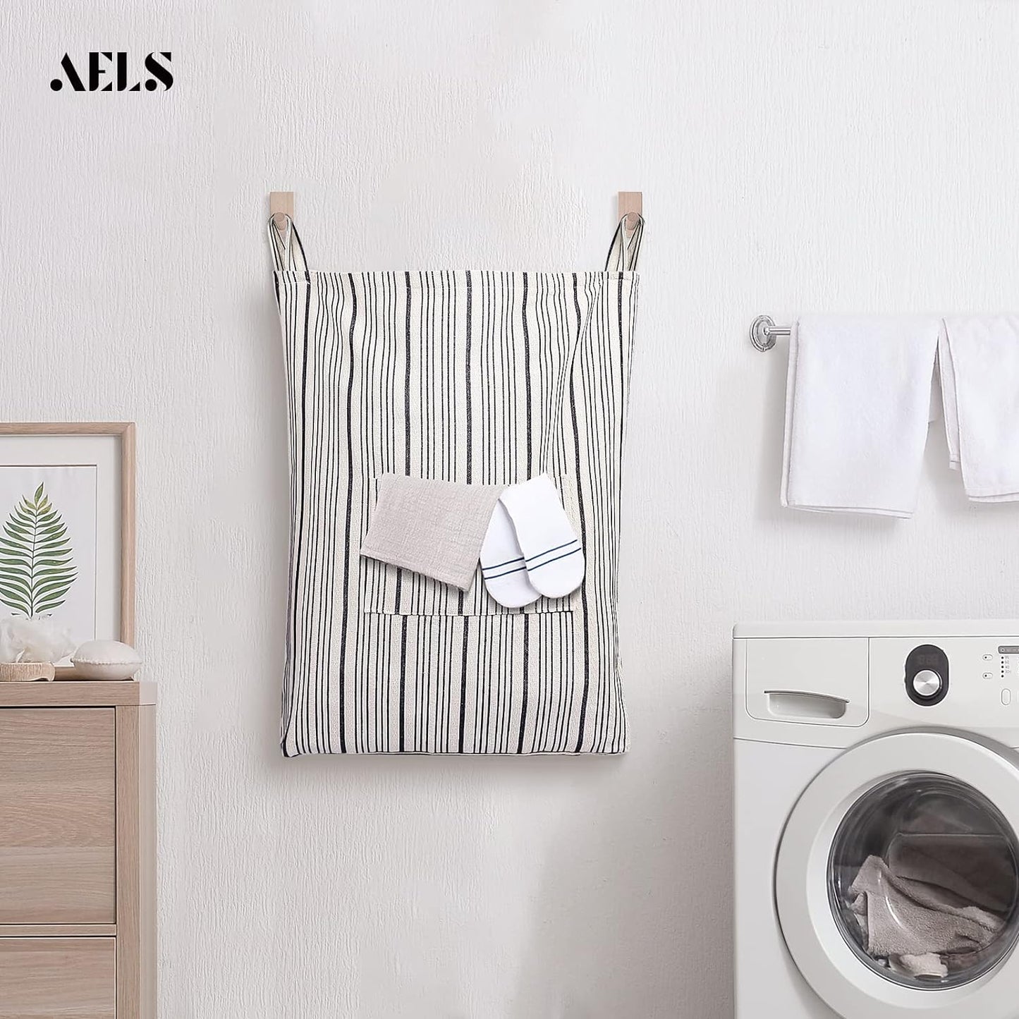 AELS Farmhouse Hanging Laundry Hamper with 2 Hooks, Washable Beige & Stripes Linen Laundry Bag with Zipper & Wide Open Top, Over the Door Organizer for Dirty Clothes, Space Saving Storage