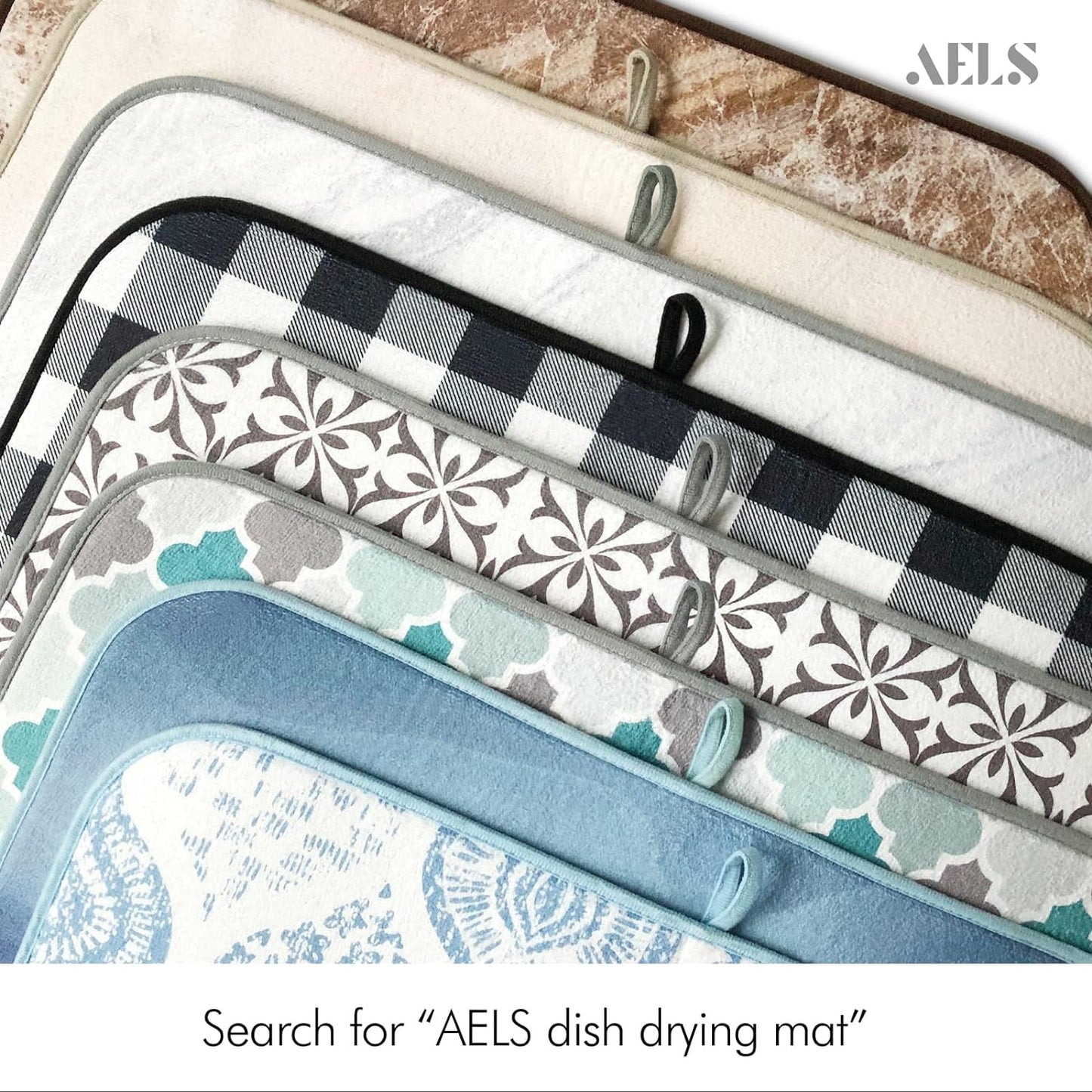 AELS XL 24" x 18" Dish Drying Mat, Set of 2, for Kitchen Counter, White Marble Reversible Absorbent Microfiber Dish Drainer/Rack Pads with Hanging Loop