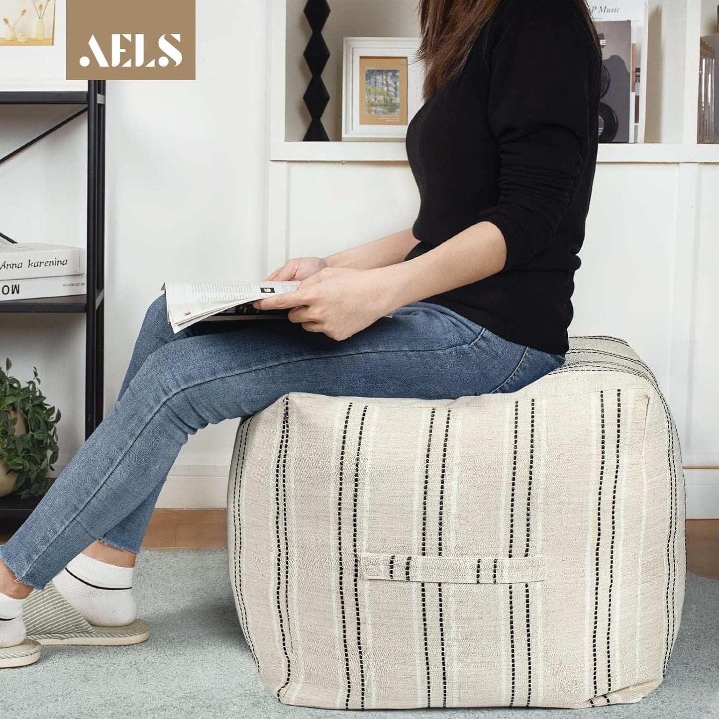 AELS Unstuffed Farmhouse Pouf Cover for Living Room, Boho Storage Bean Bag Cubes, Beige with Brown Stitch Yarn Dyed Stripe Linen Square Ottoman Pouf Foot Rest Footstool, 18"x18"x18", Cover ONLY