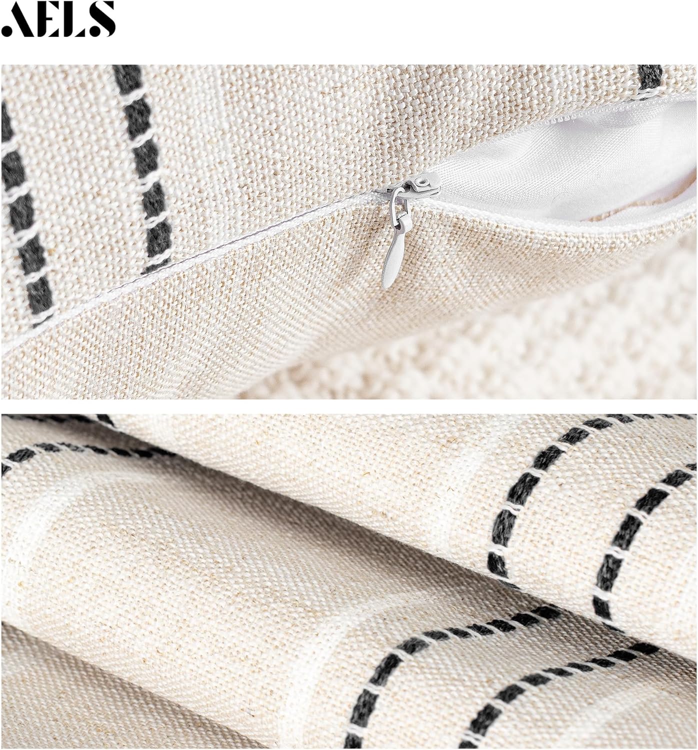 AELS 12x20 Decorative Farmhouse Linen Throw Pillow Covers, Boho Rectangle Lumbar Pillow Case, Set of 2, Beige with Navy Blue Stripe Patchwork Cushion Cover for Sofa Couch Living Room (Cover ONLY)