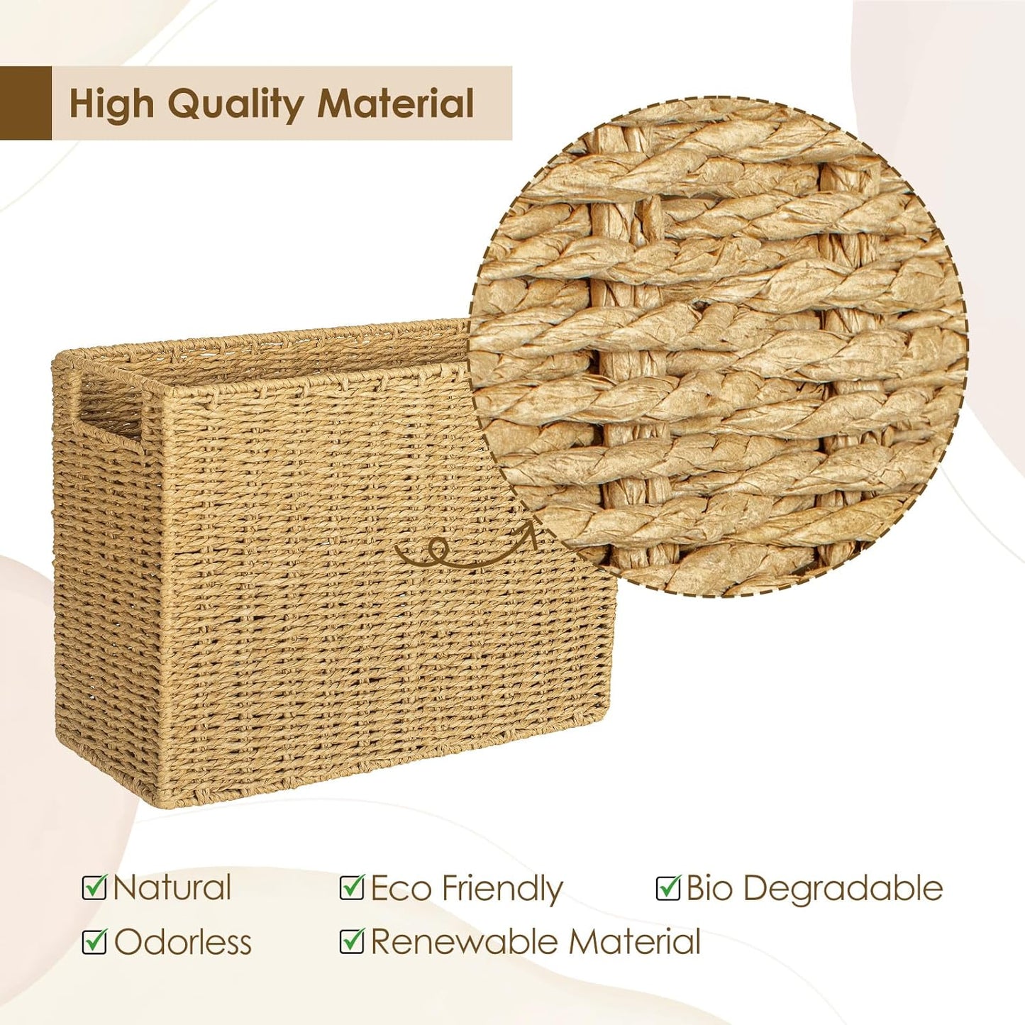 AELS Woven Natural Fibre Magazine Holder, Magazine Rack Floor, Hand-woven Magazine Organizer, Natural Paper Rope Magazine Basket with Handles, Boho Modern Farmhouse Book Basket, Newspaper Holder