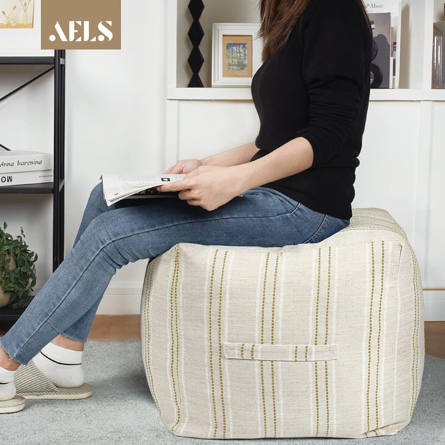 AELS Unstuffed Farmhouse Pouf Cover for Living Room, Boho Storage Bean Bag Cubes, Beige with Brown Stitch Yarn Dyed Stripe Linen Square Ottoman Pouf Foot Rest Footstool, 18"x18"x18", Cover ONLY