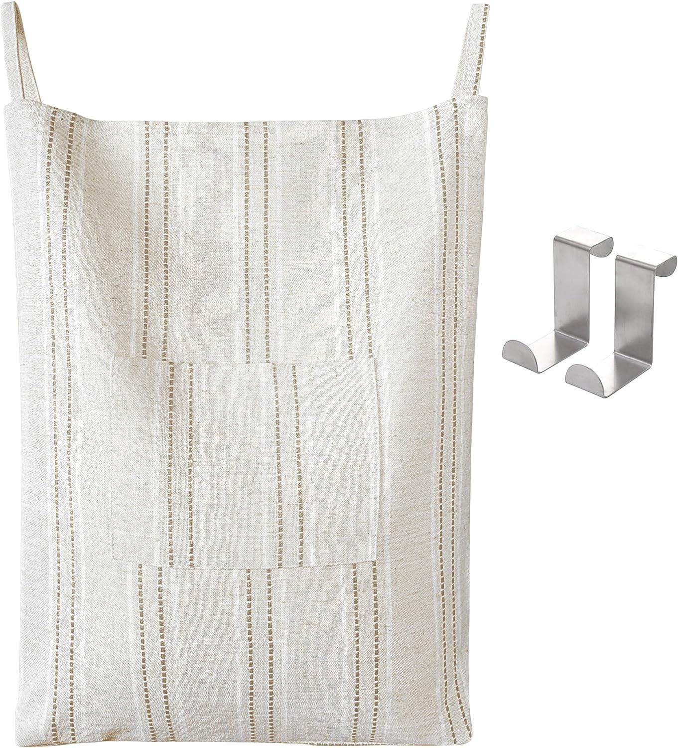 AELS Farmhouse Hanging Laundry Hamper with 2 Hooks, Boho Beige & Black Stripes Linen Laundry Bag with Zipper & Wide Open Top, Over the Door Organizer for Dirty Clothes, Washable Space Saving Storage