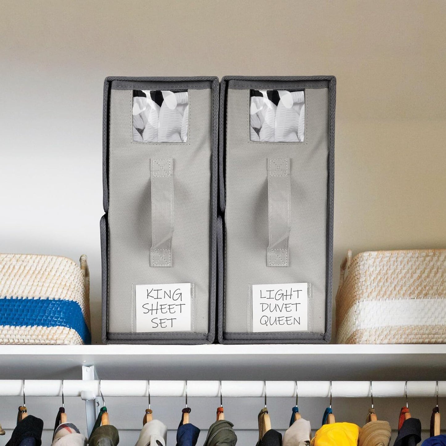 AELS Bed Sheet Organizer Pack of 2, Bed Storage Organizer, Closet Organizer for Bedding, Foldable Storage Box for Bed Sheets of Queen or King Size, Duvet Covers and Pillowcases, Dark Gray