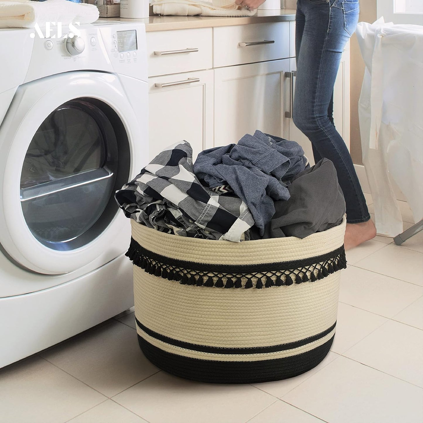 AELS XXXLarge 22"x22"x15" Rope Boho Basket Woven Baby Laundry Basket for Blankets Toys Storage Basket with Handle Comforter Cushions Storage Bins Thread Laundry Hamper-Brown White Gray 93 Liters