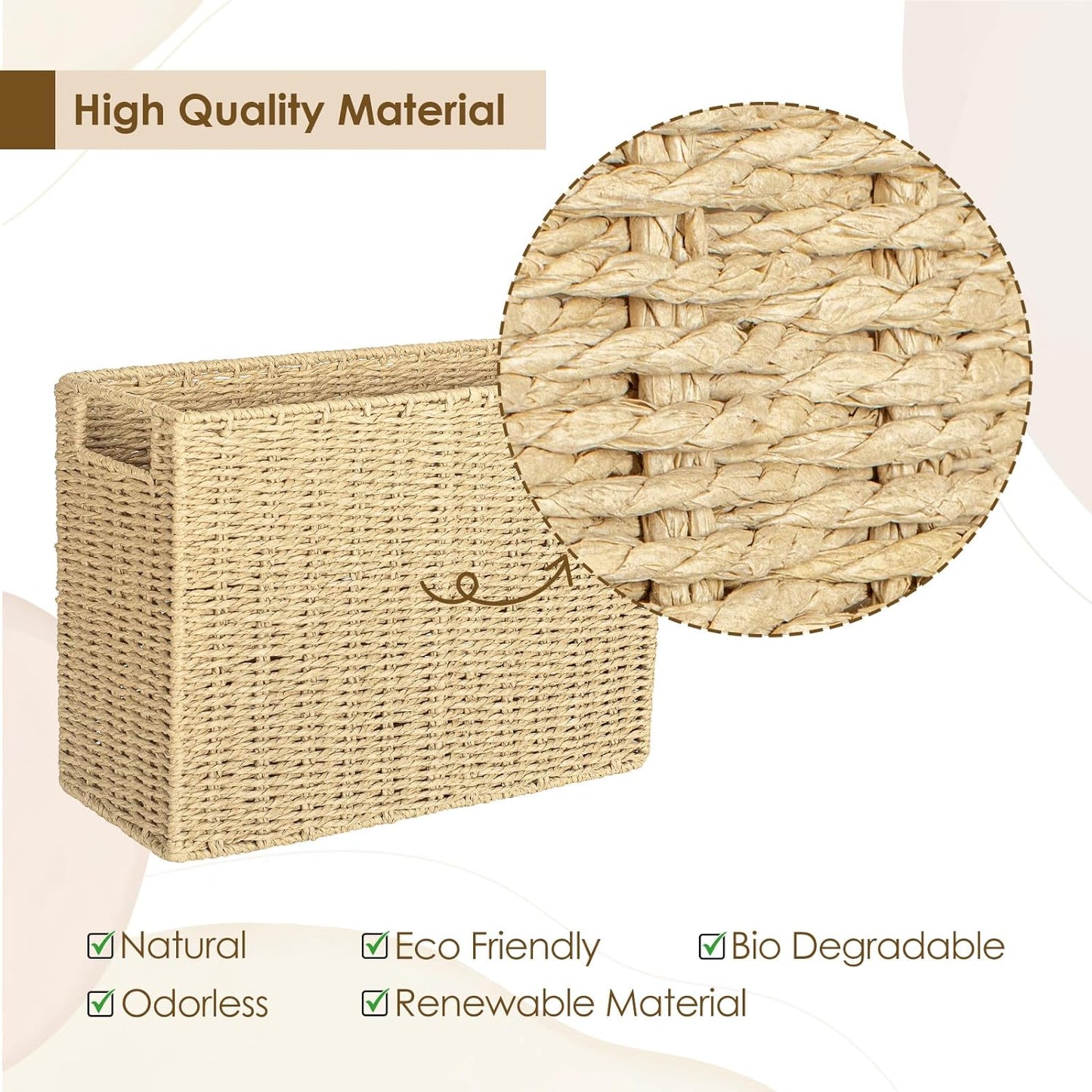 AELS Woven Natural Fibre Magazine Holder, Magazine Rack Floor, Hand-woven Magazine Organizer, Natural Paper Rope Magazine Basket with Handles, Boho Modern Farmhouse Book Basket, Newspaper Holder