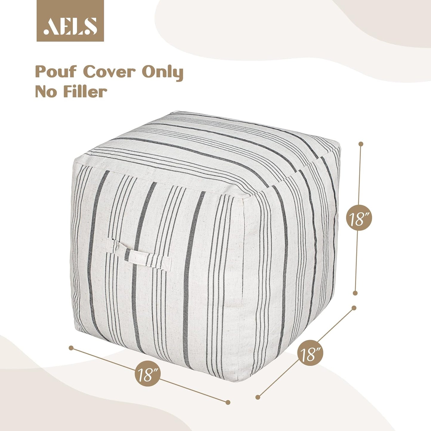 AELS Unstuffed Farmhouse Pouf Cover for Living Room, Storage Bean Bag Cubes, Off White & Gray Stripes Linen Square Ottoman Pouf Foot Rest Footstool, 18"x18"x18", Cover ONLY