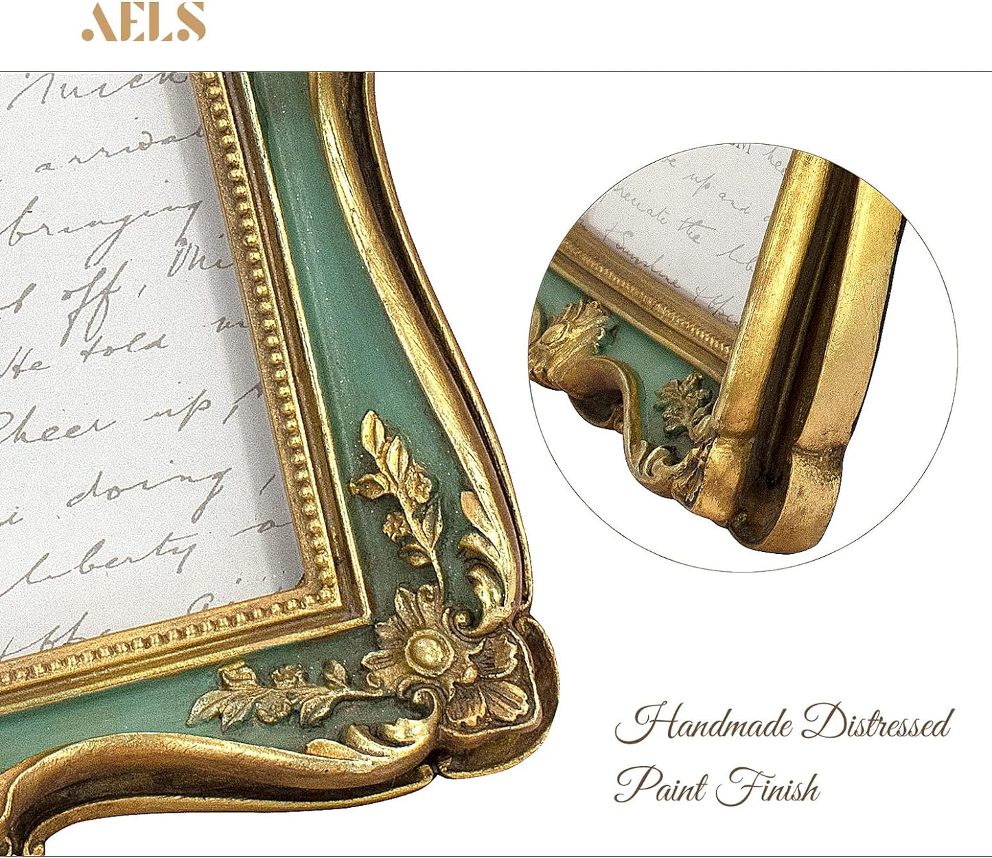 AELS 5x7 Inch Vintage Picture Frame, Elegant Antique Photo Frames with Glass Front, Photo Display, Tabletop Wall Hanging, Gift Ideas, Gold and Green