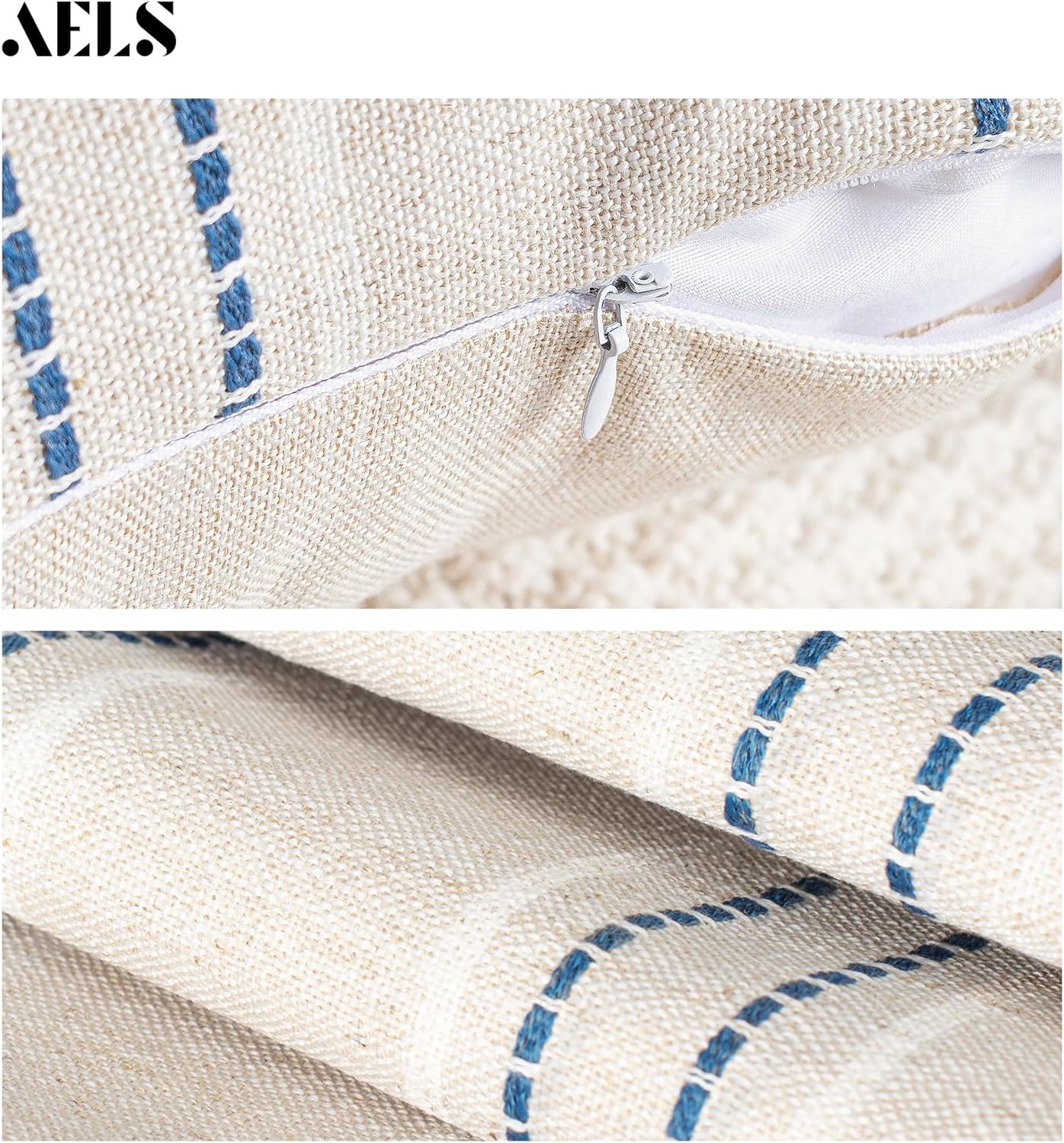 AELS 12x20 Decorative Farmhouse Linen Throw Pillow Covers, Boho Rectangle Lumbar Pillow Case, Set of 2, Beige with Navy Blue Stripe Patchwork Cushion Cover for Sofa Couch Living Room (Cover ONLY)