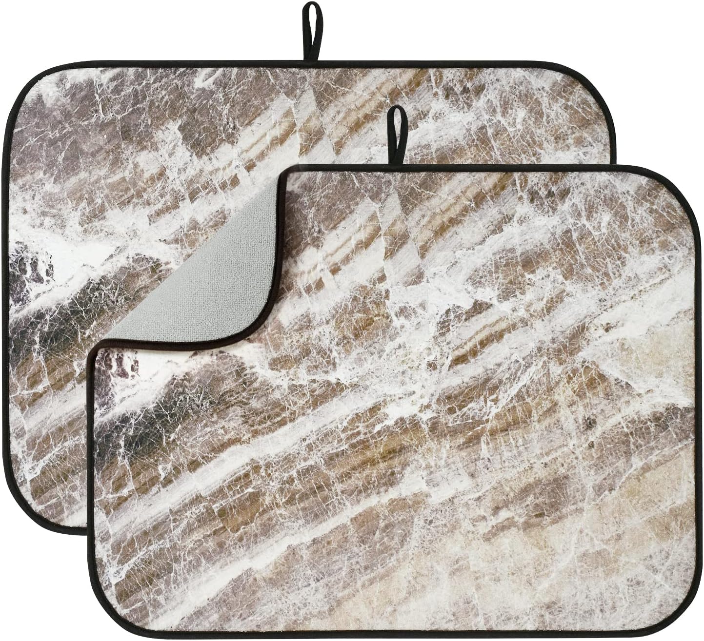 AELS XL 24" x 18" Dish Drying Mat, Set of 2, for Kitchen Counter, White Marble Reversible Absorbent Microfiber Dish Drainer/Rack Pads with Hanging Loop