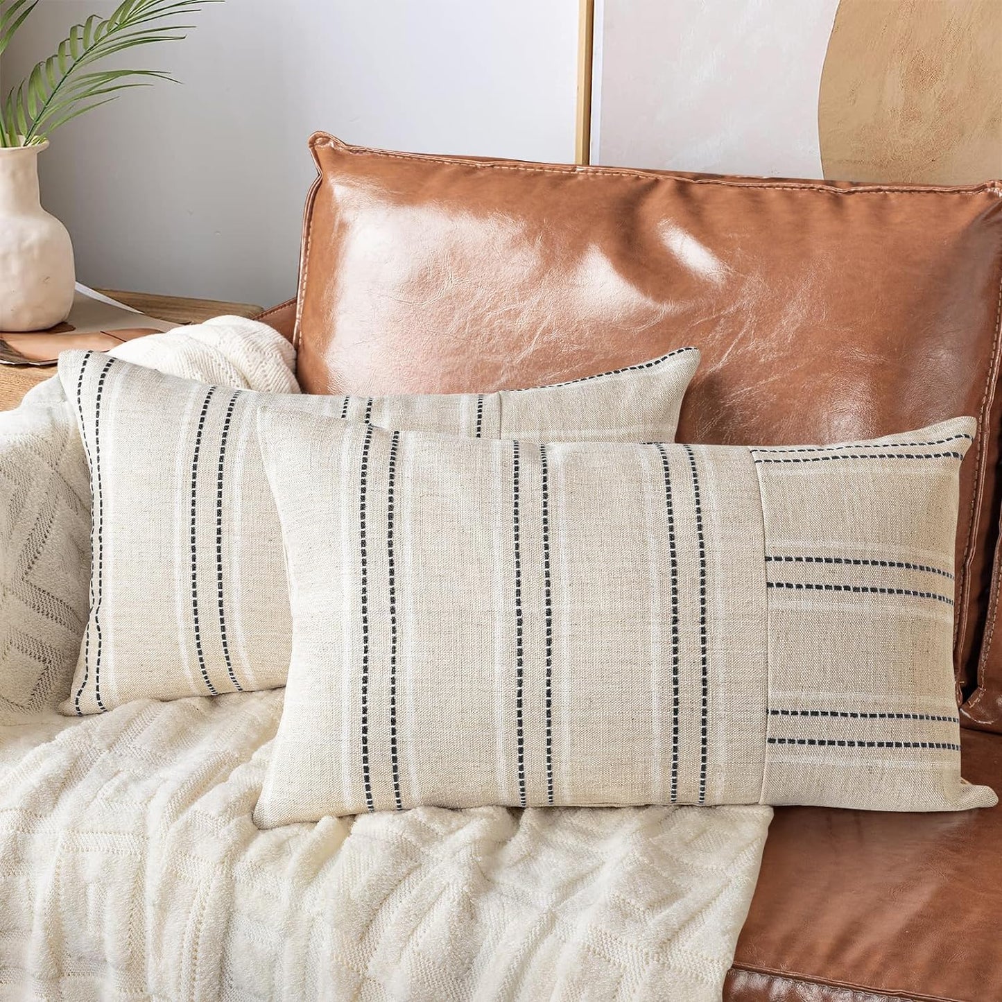 AELS 12x20 Decorative Farmhouse Linen Throw Pillow Covers, Boho Rectangle Lumbar Pillow Case, Set of 2, Beige with Navy Blue Stripe Patchwork Cushion Cover for Sofa Couch Living Room (Cover ONLY)