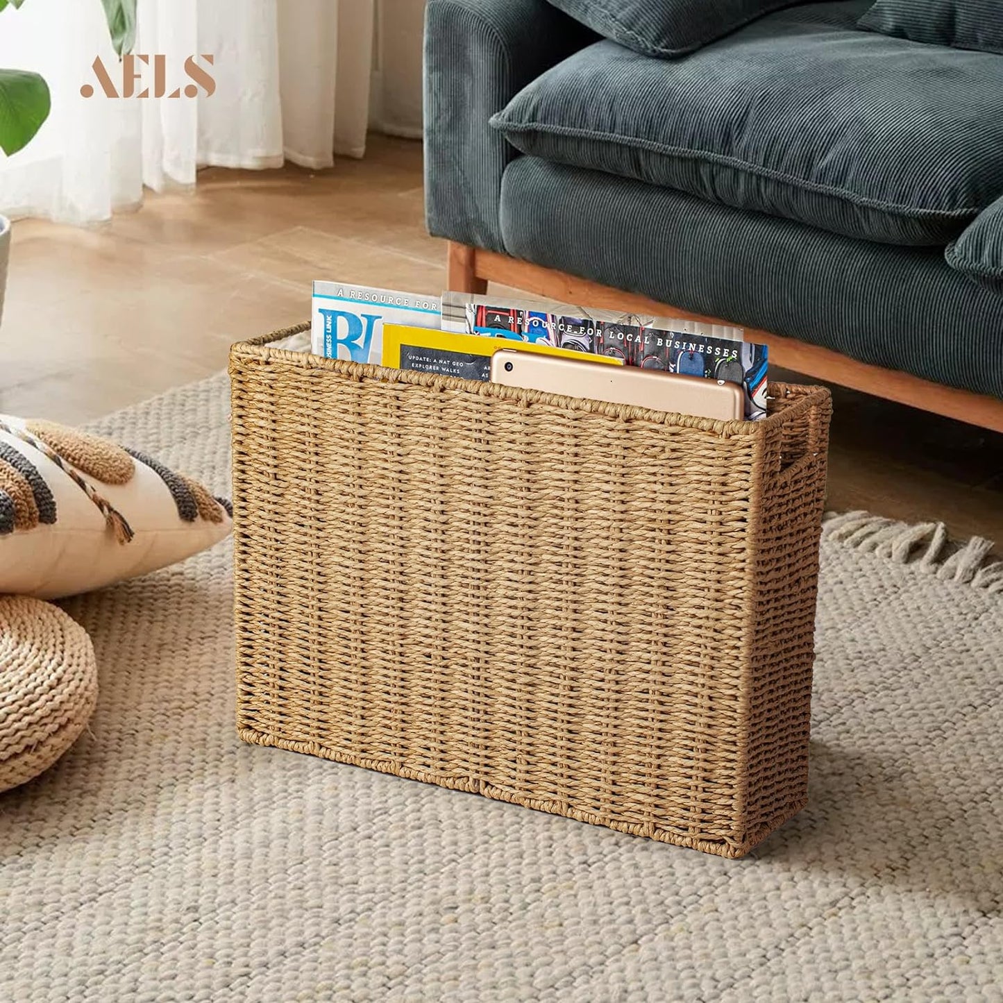 AELS Woven Natural Fibre Magazine Holder, Magazine Rack Floor, Hand-woven Magazine Organizer, Natural Paper Rope Magazine Basket with Handles, Boho Modern Farmhouse Book Basket, Newspaper Holder