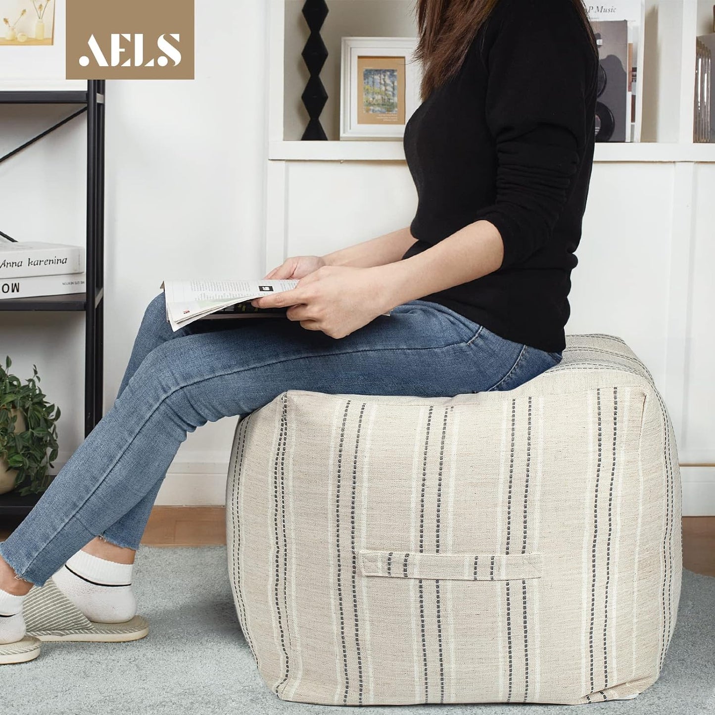 AELS Unstuffed Farmhouse Pouf Cover for Living Room, Boho Storage Bean Bag Cubes, Beige with Brown Stitch Yarn Dyed Stripe Linen Square Ottoman Pouf Foot Rest Footstool, 18"x18"x18", Cover ONLY