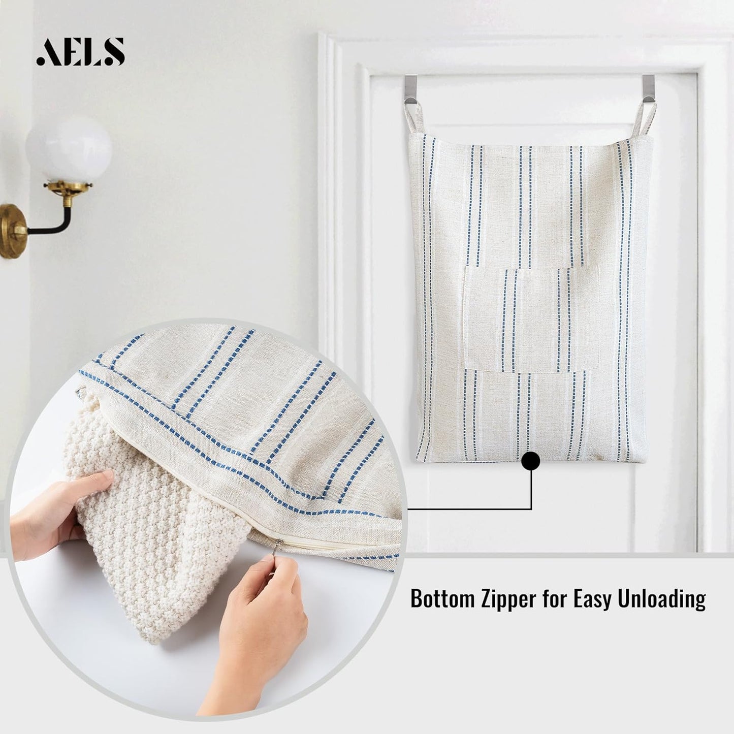 AELS Farmhouse Hanging Laundry Hamper with 2 Hooks, Boho Beige & Black Stripes Linen Laundry Bag with Zipper & Wide Open Top, Over the Door Organizer for Dirty Clothes, Washable Space Saving Storage