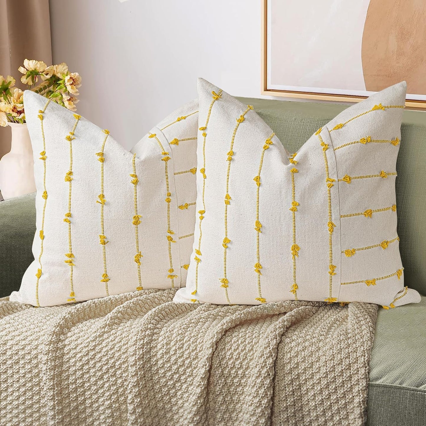 AELS 18x18 Decorative Boho Linen Throw Pillow Covers, Modern Farmhouse Textured Pillow Case, Set of 2, Tufted Stitch Stripe Cushion Cover for Bed Sofa Couch Living Room (Cover ONLY), Khaki