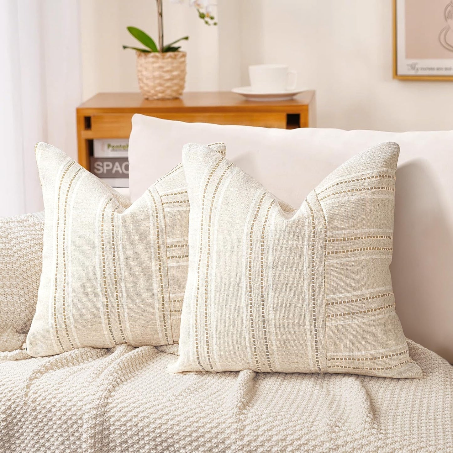 AELS 12x20 Decorative Farmhouse Linen Throw Pillow Covers, Boho Rectangle Lumbar Pillow Case, Set of 2, Beige with Navy Blue Stripe Patchwork Cushion Cover for Sofa Couch Living Room (Cover ONLY)