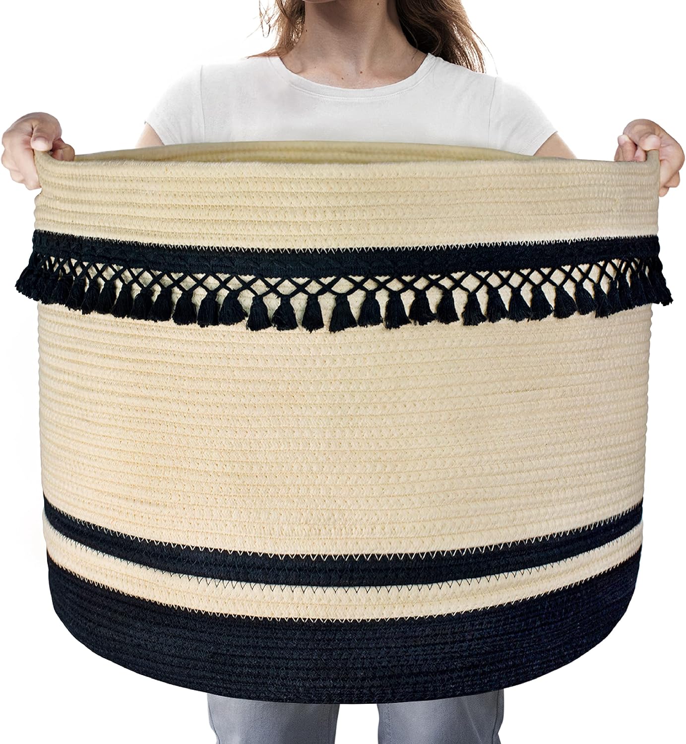AELS XXXLarge 22"x22"x15" Rope Boho Basket Woven Baby Laundry Basket for Blankets Toys Storage Basket with Handle Comforter Cushions Storage Bins Thread Laundry Hamper-Brown White Gray 93 Liters