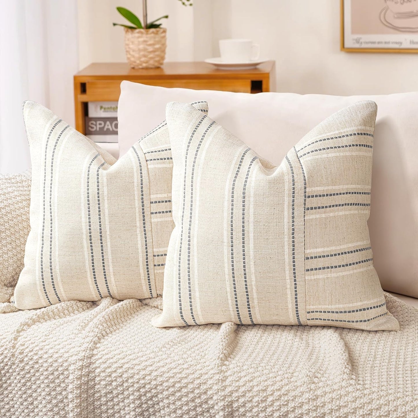AELS 12x20 Decorative Farmhouse Linen Throw Pillow Covers, Boho Rectangle Lumbar Pillow Case, Set of 2, Beige with Navy Blue Stripe Patchwork Cushion Cover for Sofa Couch Living Room (Cover ONLY)