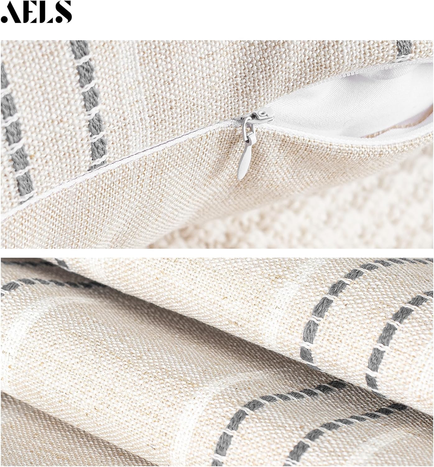 AELS 12x20 Decorative Farmhouse Linen Throw Pillow Covers, Boho Rectangle Lumbar Pillow Case, Set of 2, Beige with Navy Blue Stripe Patchwork Cushion Cover for Sofa Couch Living Room (Cover ONLY)