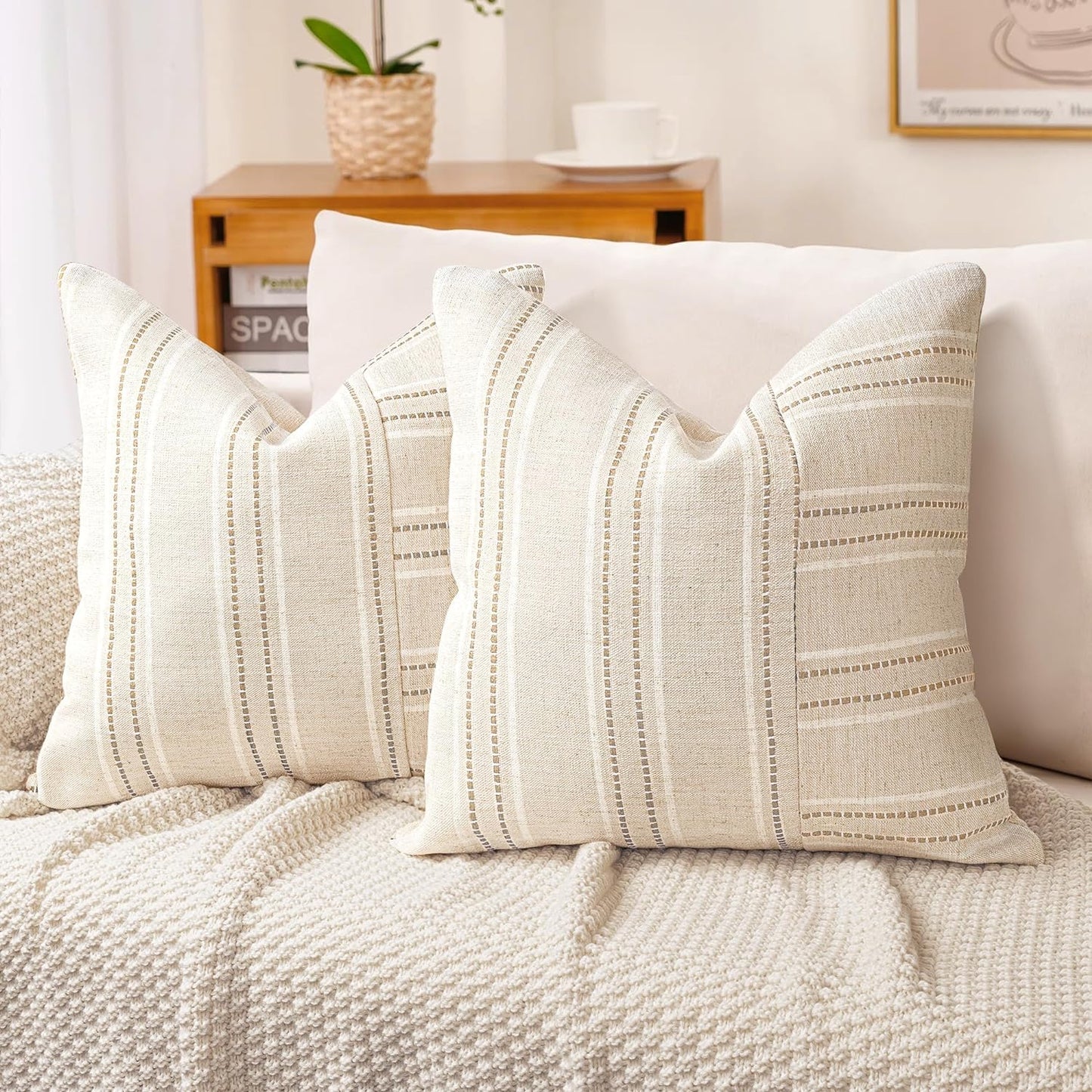 AELS 12x20 Decorative Farmhouse Linen Throw Pillow Covers, Boho Rectangle Lumbar Pillow Case, Set of 2, Beige with Navy Blue Stripe Patchwork Cushion Cover for Sofa Couch Living Room (Cover ONLY)
