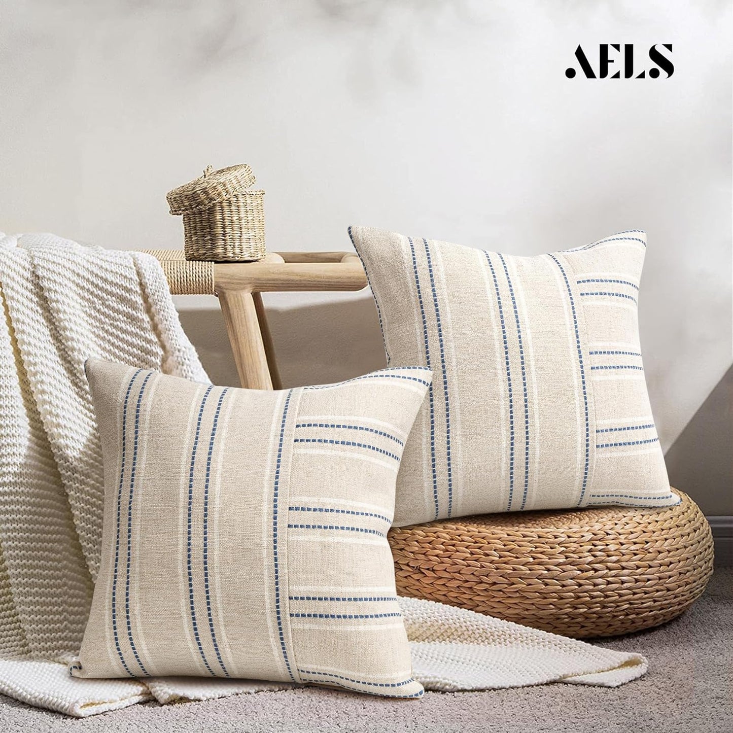 AELS 12x20 Decorative Farmhouse Linen Throw Pillow Covers, Boho Rectangle Lumbar Pillow Case, Set of 2, Beige with Navy Blue Stripe Patchwork Cushion Cover for Sofa Couch Living Room (Cover ONLY)