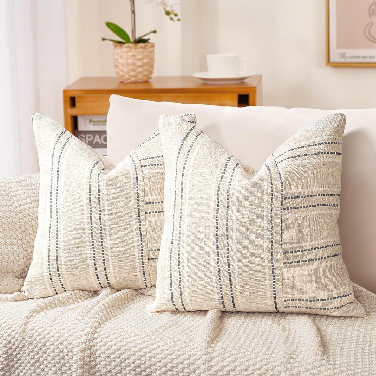 AELS 12x20 Decorative Farmhouse Linen Throw Pillow Covers, Boho Rectangle Lumbar Pillow Case, Set of 2, Beige with Navy Blue Stripe Patchwork Cushion Cover for Sofa Couch Living Room (Cover ONLY)