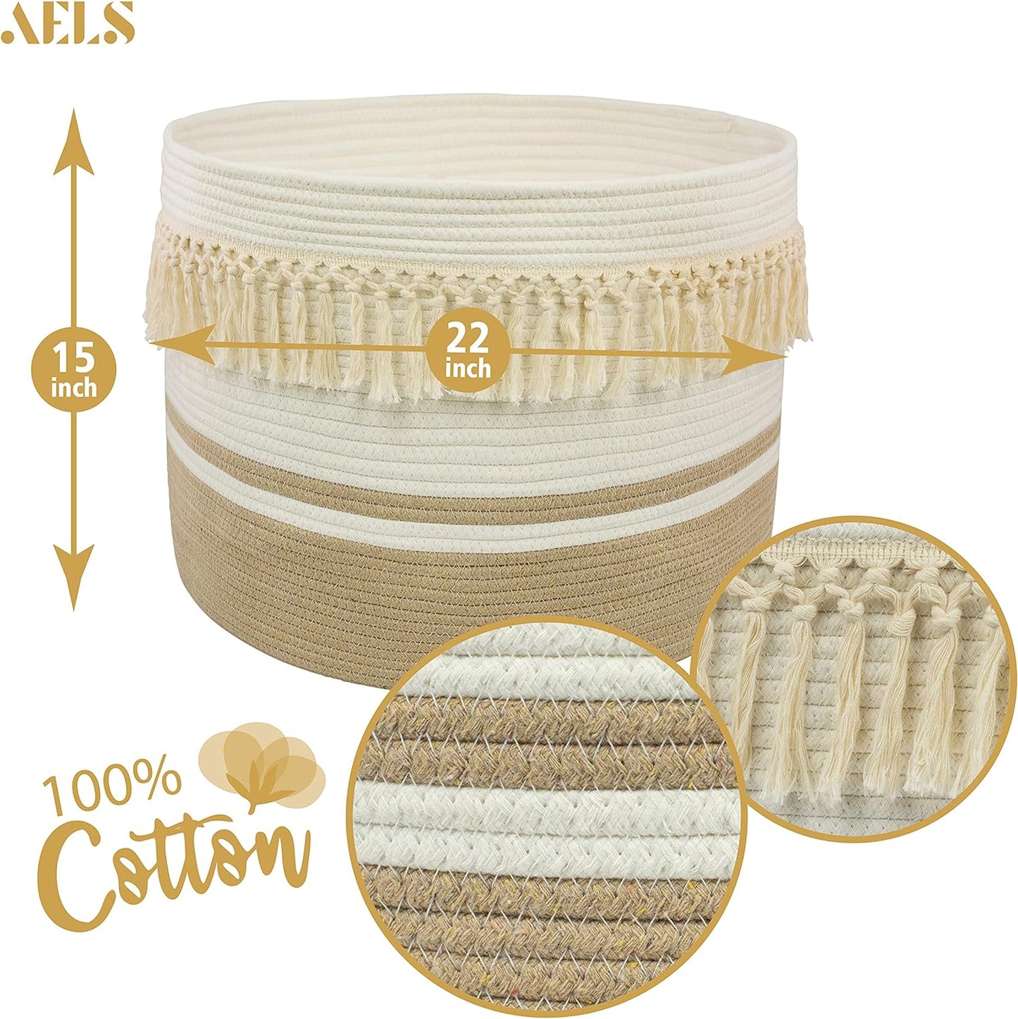 AELS XXXLarge 22"x22"x15" Rope Boho Basket Woven Baby Laundry Basket for Blankets Toys Storage Basket with Handle Comforter Cushions Storage Bins Thread Laundry Hamper-Brown White Gray 93 Liters
