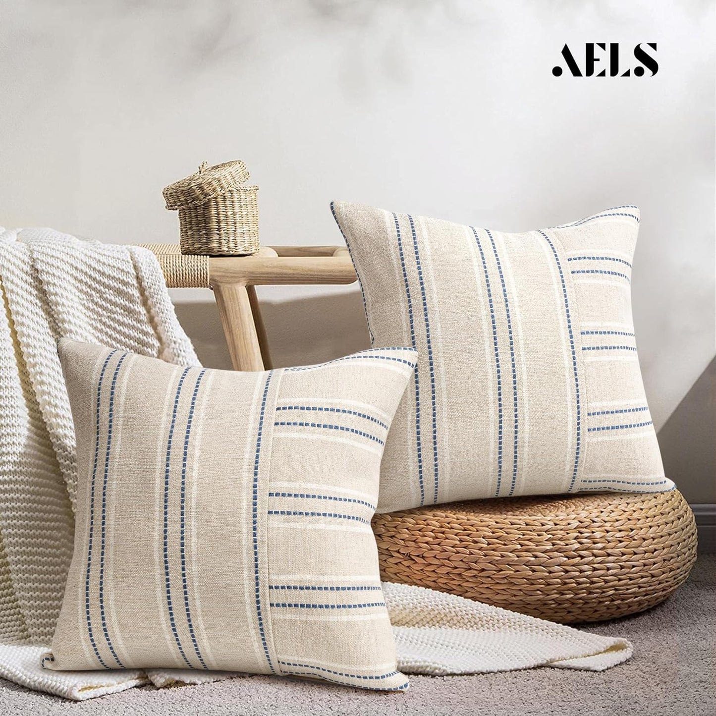 AELS 12x20 Decorative Farmhouse Linen Throw Pillow Covers, Boho Rectangle Lumbar Pillow Case, Set of 2, Beige with Navy Blue Stripe Patchwork Cushion Cover for Sofa Couch Living Room (Cover ONLY)