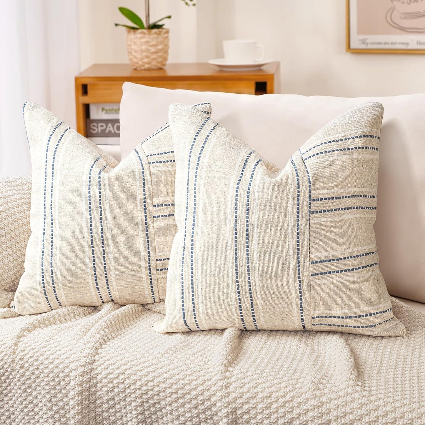 AELS 12x20 Decorative Farmhouse Linen Throw Pillow Covers, Boho Rectangle Lumbar Pillow Case, Set of 2, Beige with Navy Blue Stripe Patchwork Cushion Cover for Sofa Couch Living Room (Cover ONLY)