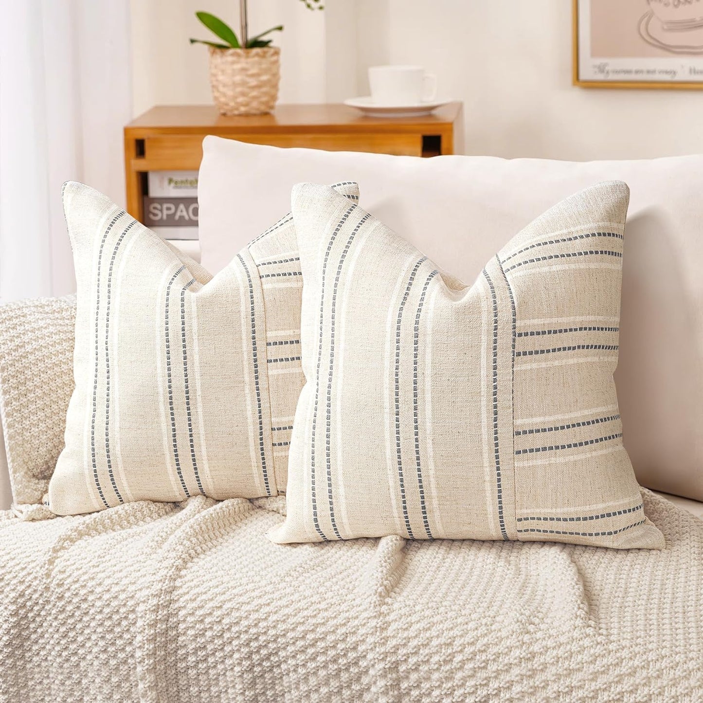 AELS 12x20 Decorative Farmhouse Linen Throw Pillow Covers, Boho Rectangle Lumbar Pillow Case, Set of 2, Beige with Navy Blue Stripe Patchwork Cushion Cover for Sofa Couch Living Room (Cover ONLY)