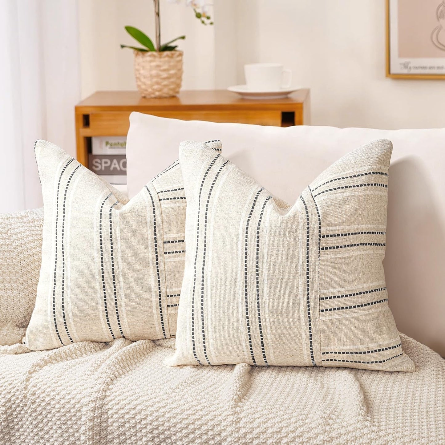 AELS 12x20 Decorative Farmhouse Linen Throw Pillow Covers, Boho Rectangle Lumbar Pillow Case, Set of 2, Beige with Navy Blue Stripe Patchwork Cushion Cover for Sofa Couch Living Room (Cover ONLY)