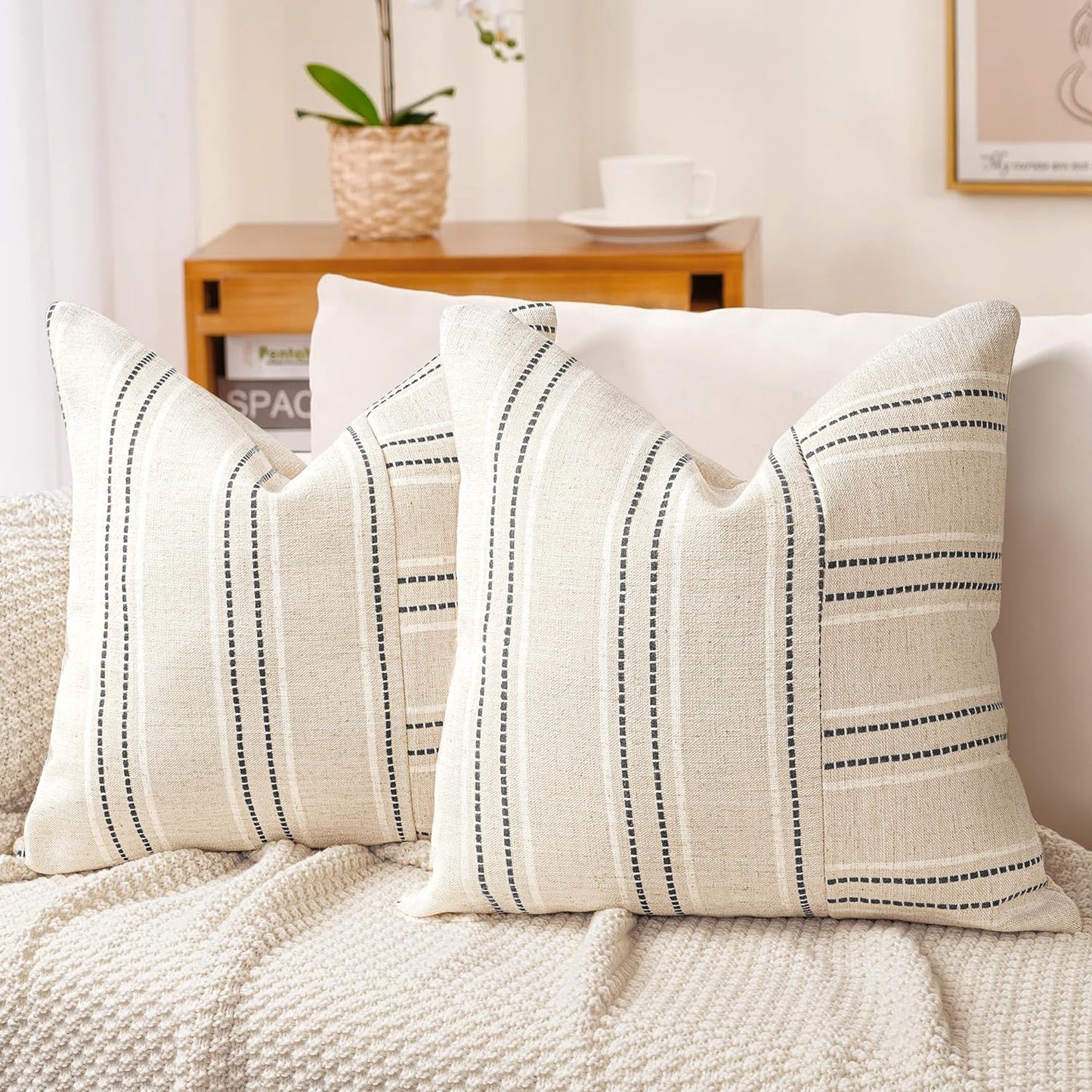 AELS 12x20 Decorative Farmhouse Linen Throw Pillow Covers, Boho Rectangle Lumbar Pillow Case, Set of 2, Beige with Navy Blue Stripe Patchwork Cushion Cover for Sofa Couch Living Room (Cover ONLY)