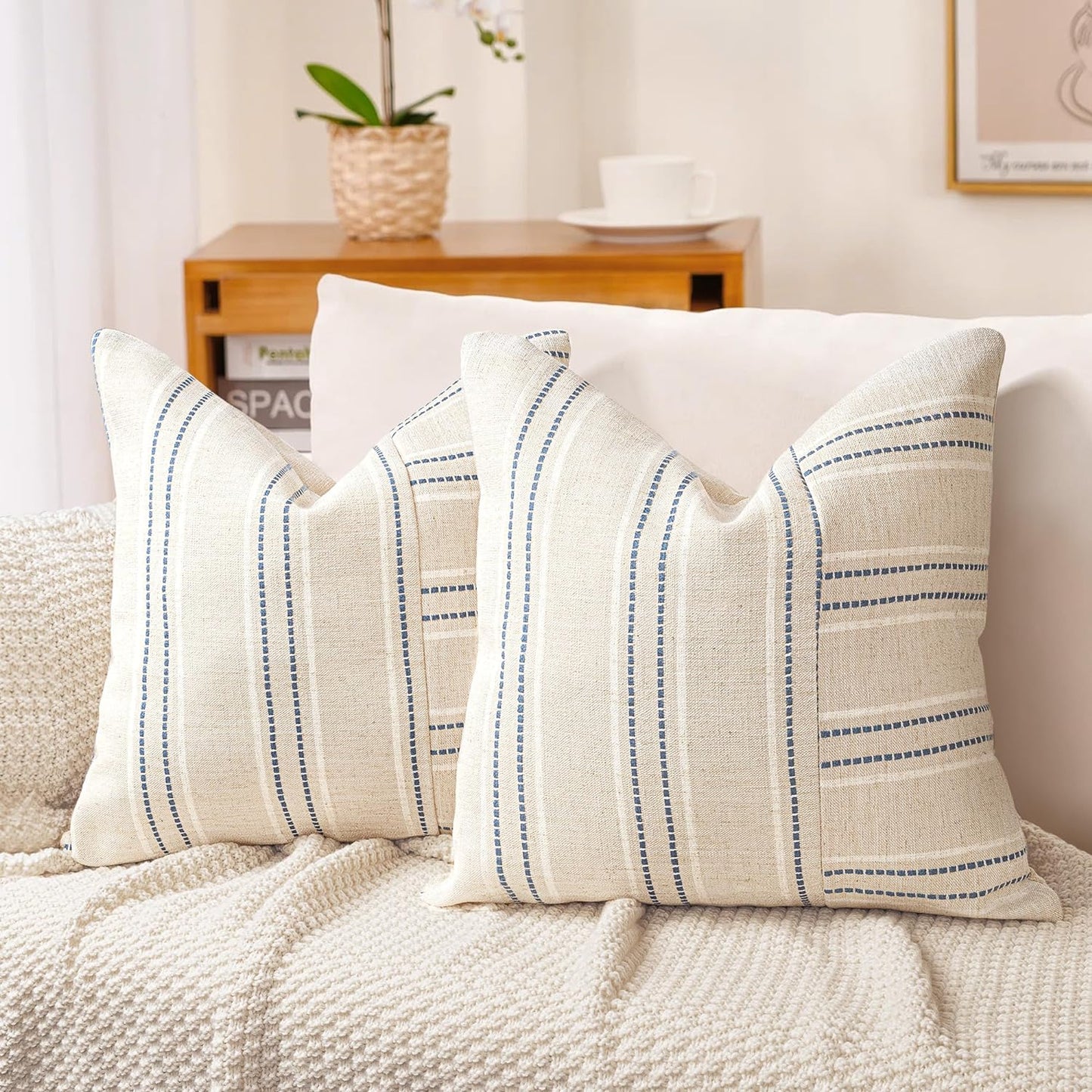 AELS 12x20 Decorative Farmhouse Linen Throw Pillow Covers, Boho Rectangle Lumbar Pillow Case, Set of 2, Beige with Navy Blue Stripe Patchwork Cushion Cover for Sofa Couch Living Room (Cover ONLY)