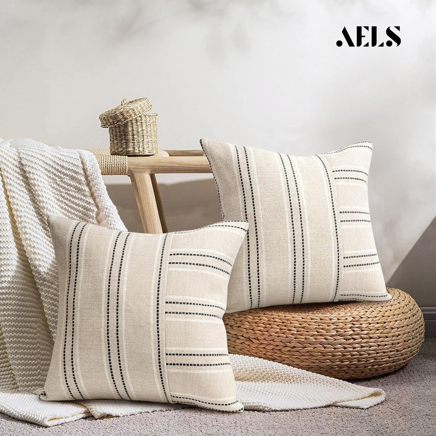 AELS 12x20 Decorative Farmhouse Linen Throw Pillow Covers, Boho Rectangle Lumbar Pillow Case, Set of 2, Beige with Navy Blue Stripe Patchwork Cushion Cover for Sofa Couch Living Room (Cover ONLY)