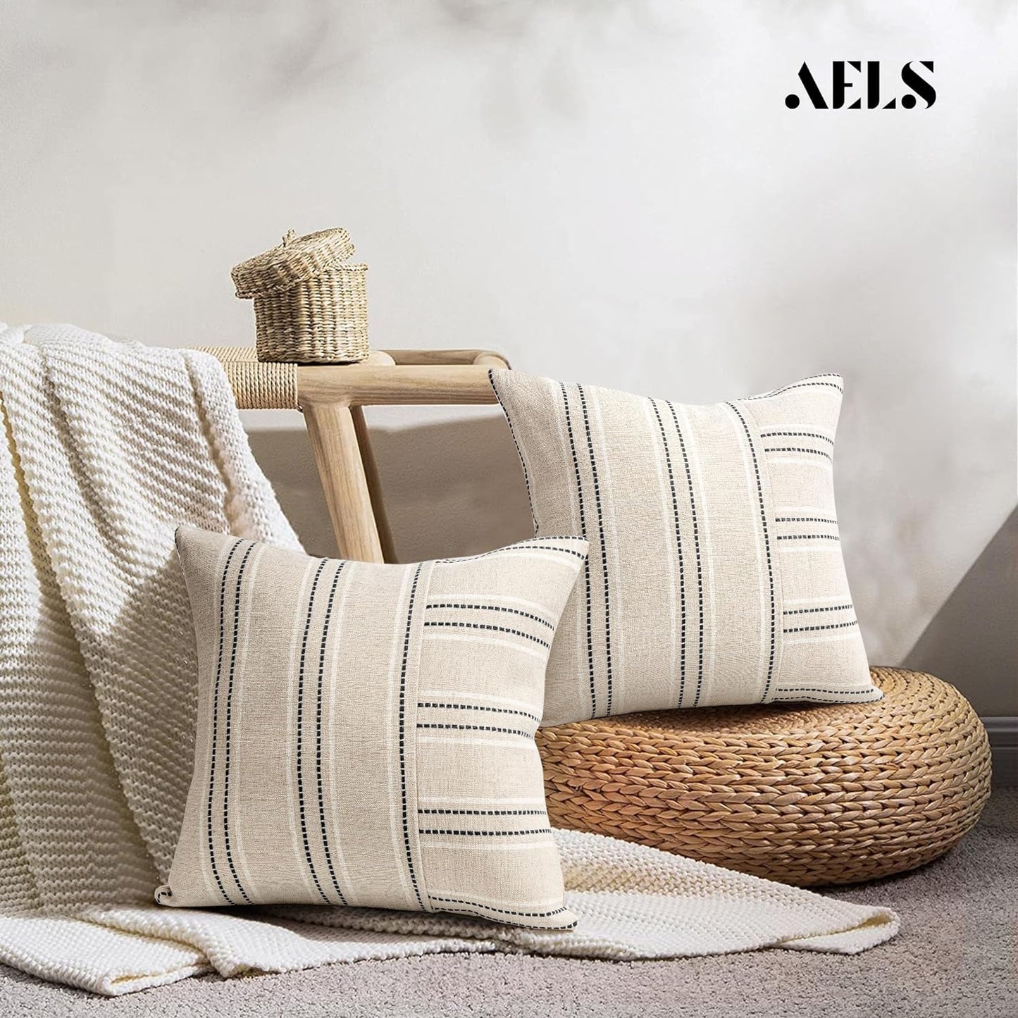 AELS 12x20 Decorative Farmhouse Linen Throw Pillow Covers, Boho Rectangle Lumbar Pillow Case, Set of 2, Beige with Navy Blue Stripe Patchwork Cushion Cover for Sofa Couch Living Room (Cover ONLY)